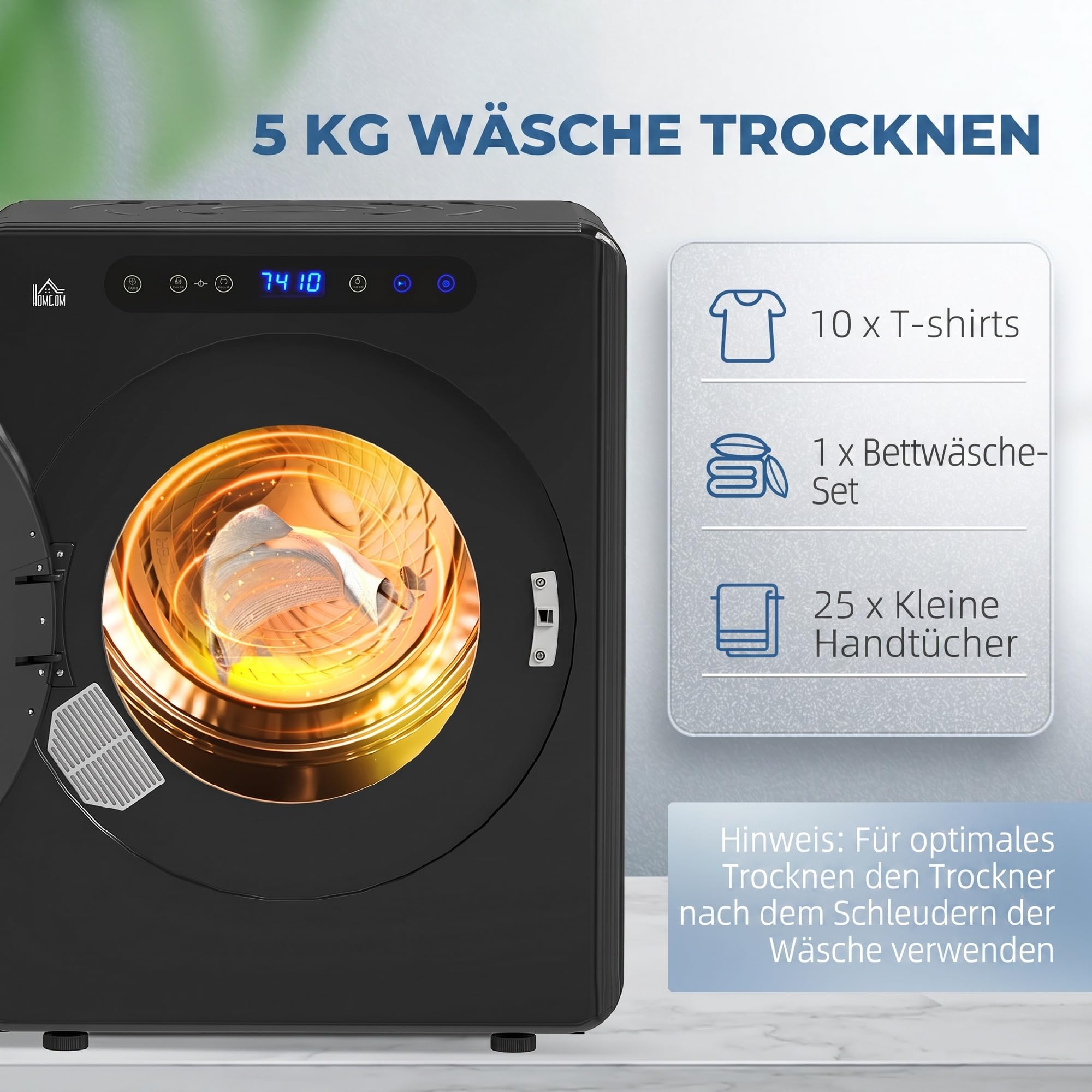 HOMCOM Mini asciugatrice da 3 kg con disinfezione, 6 programmi, 1000 W, con touch screen a 3 temperature e timer, per camper, casa, nero