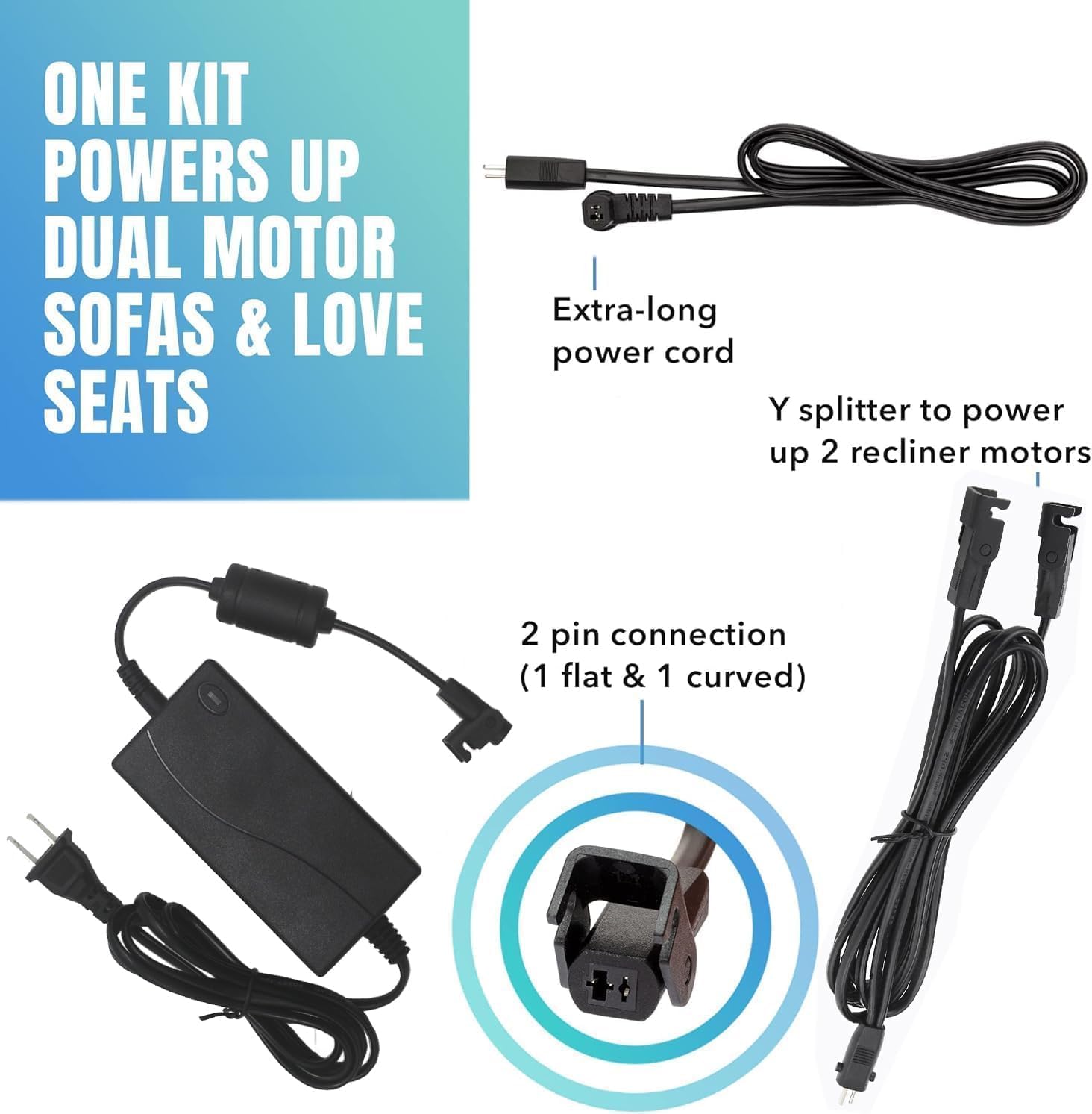 Dual Motor Power Kit-4 Piece Universal Dual Power Cord 2-Pin 29V2A AC/DC Power Adapter with Extension L and Y Splitter Extension Cord Shape Cable Cord for Lift Chair, Recliner Sofa, Recliner Couch