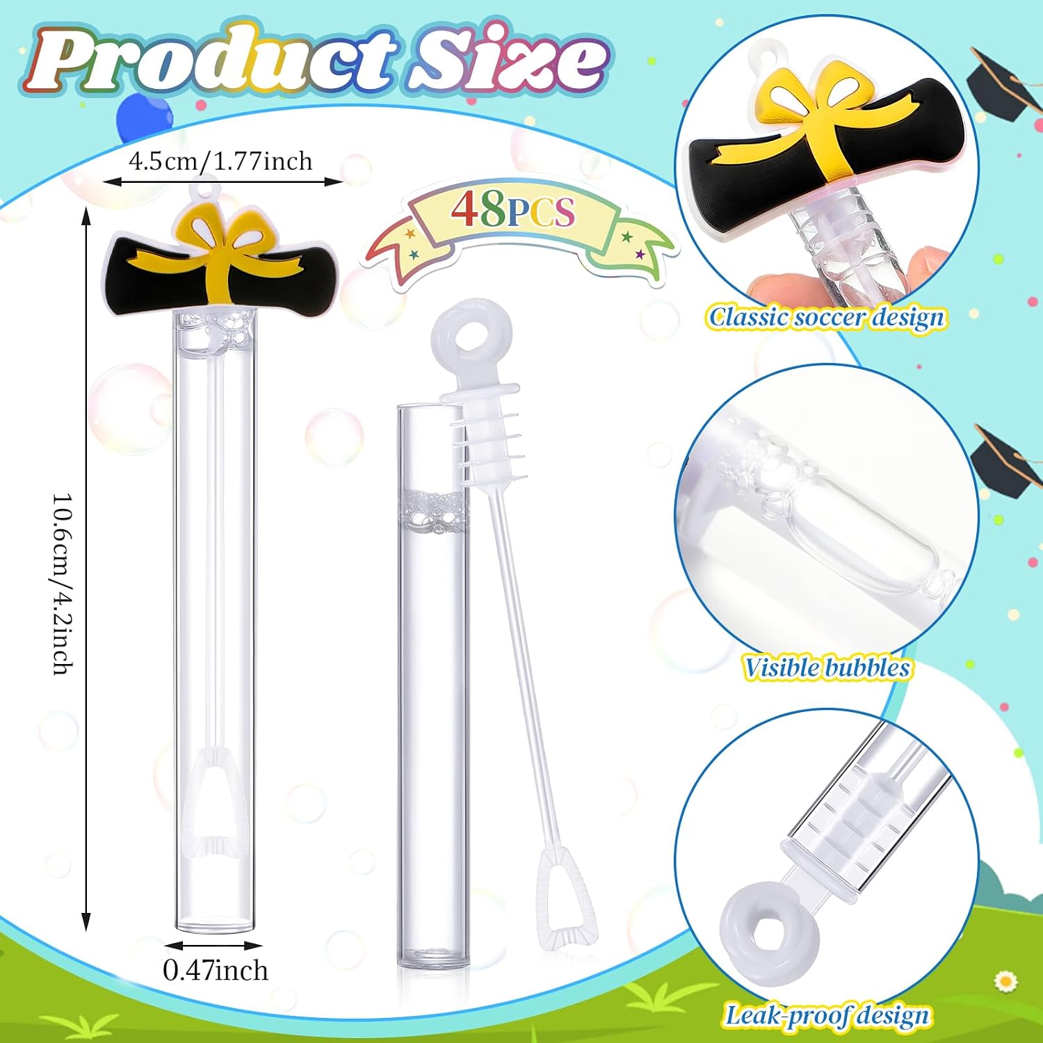 Silipull 48 Pcs 4.2'' Mini Bubble Wands Bubbles Party Favors Birthday Party Supplies Favor Decorations for Gift Back to School Goodie Bag, Contains Liquid(Graduation)