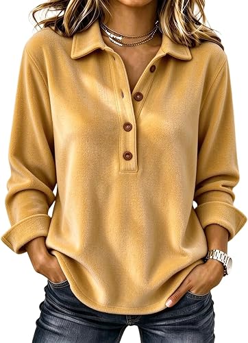 Women Polo Shirt Work Fleece Button Down Long Sleeve Golf Shirts | Button Down, Fall Cute Tops, Loose Fit, Business Casual, Office Tops, Blouse, Winter Warm, Pull Over Sweaters, Trendy Outfits