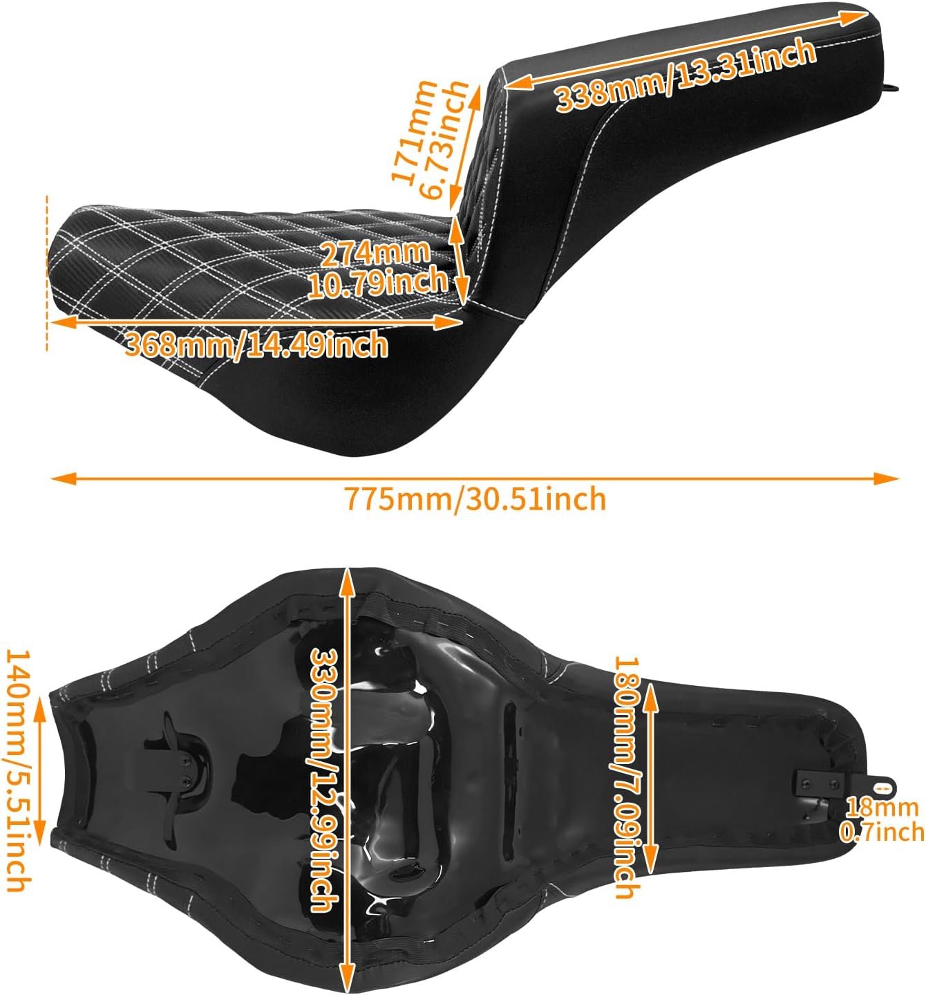 One-Piece Driver Passenger Seat Pillion Cushion Compatible with Harley Softail Street Bob FXBB Standard FXST Slim FLSL Deluxe FLDE Heritage Classic FLHC 2018-2025 (White Stitching)