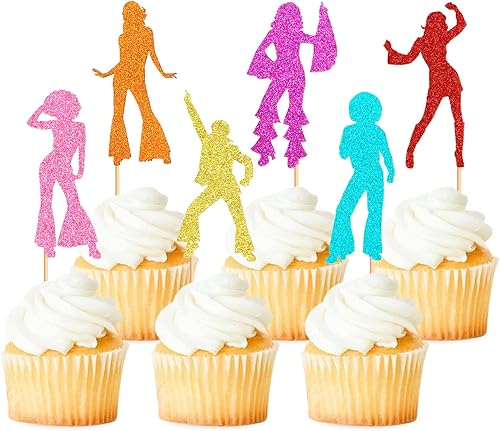 Paquete de 36 adornos para cupcakes de discoteca de los años 70, temática de música vintage, para hombres y mujeres, fiestas, cumpleaños, bodas,