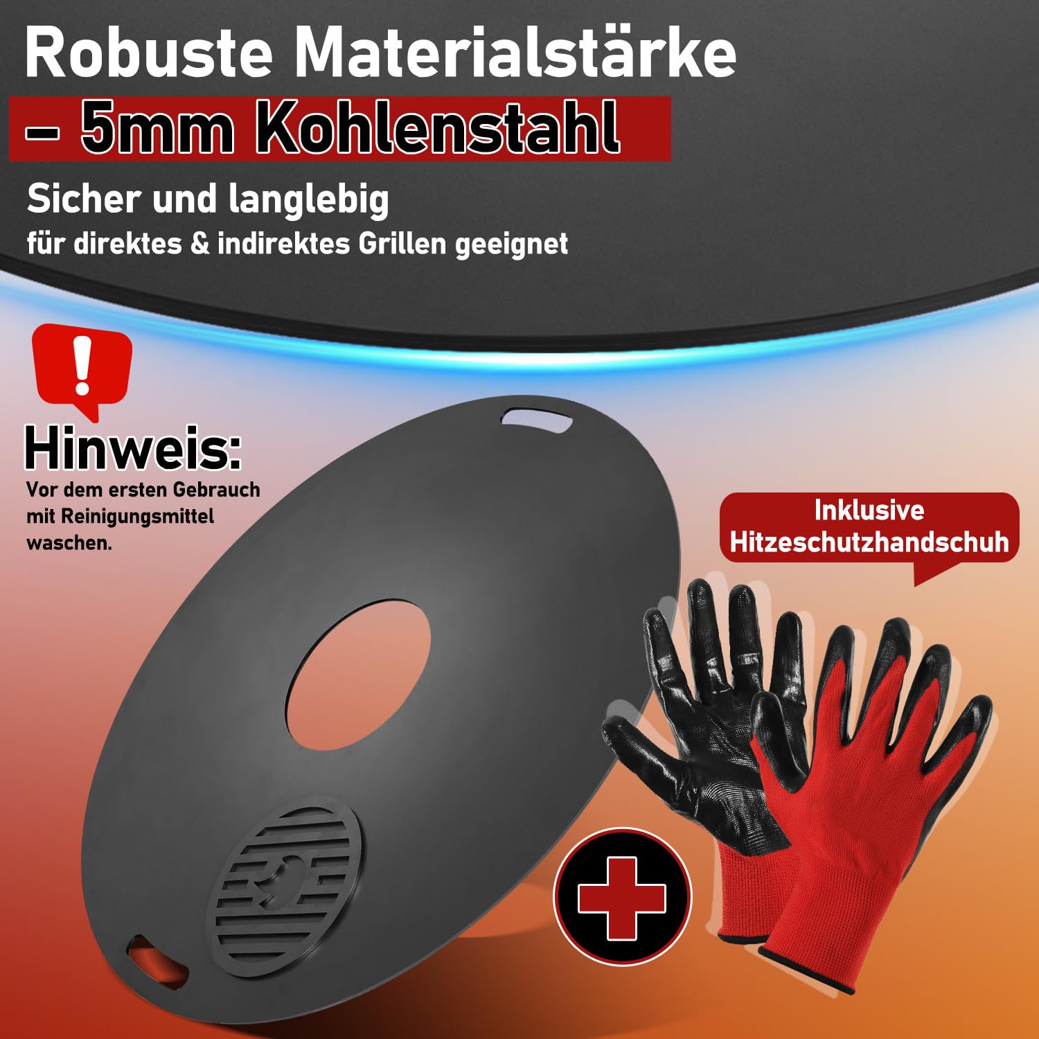 Carbonstahl Feuerplatte Ø 80 cm mit Grilleinsatz und Handschuhen, Grillplatte für Feuertonne und Feuerschale, Plancha Grillring für BBQ und Teppanyaki