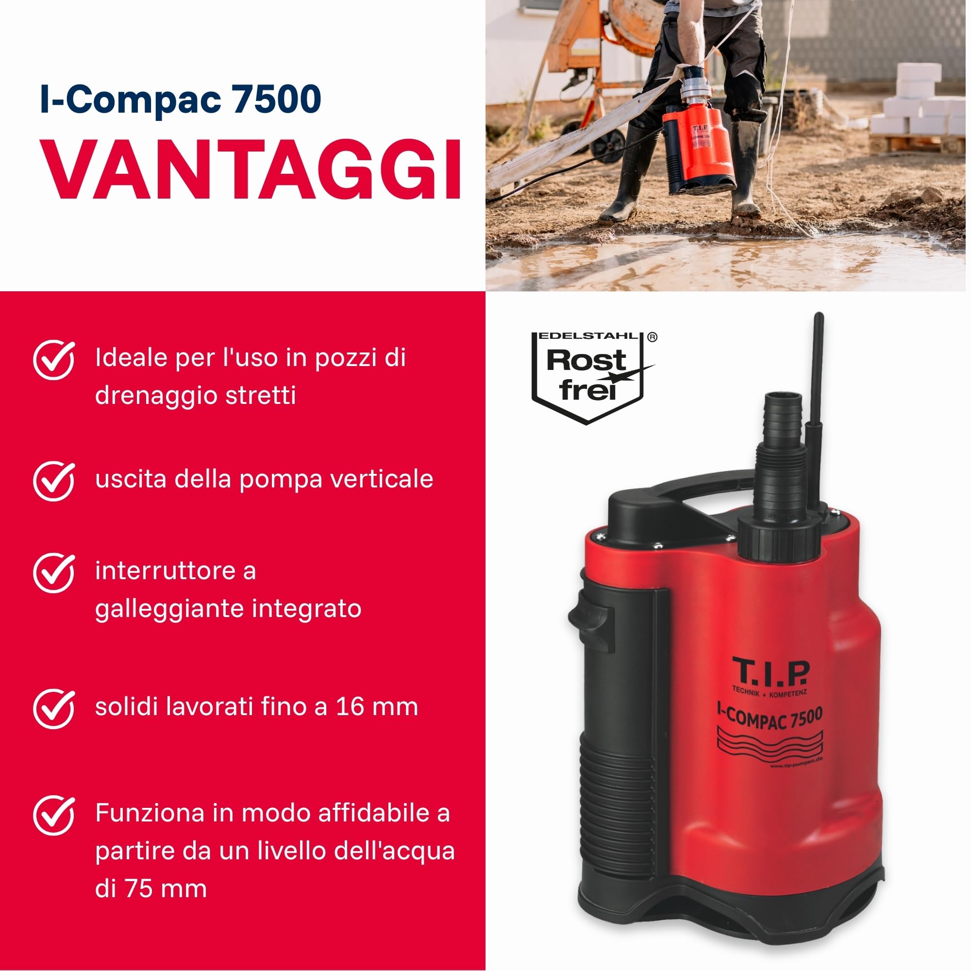 Pompa sommersa per drenaggio I-Compac 7500 in plastica con interruttore a galleggiante per acque sporche 400W, Rosso