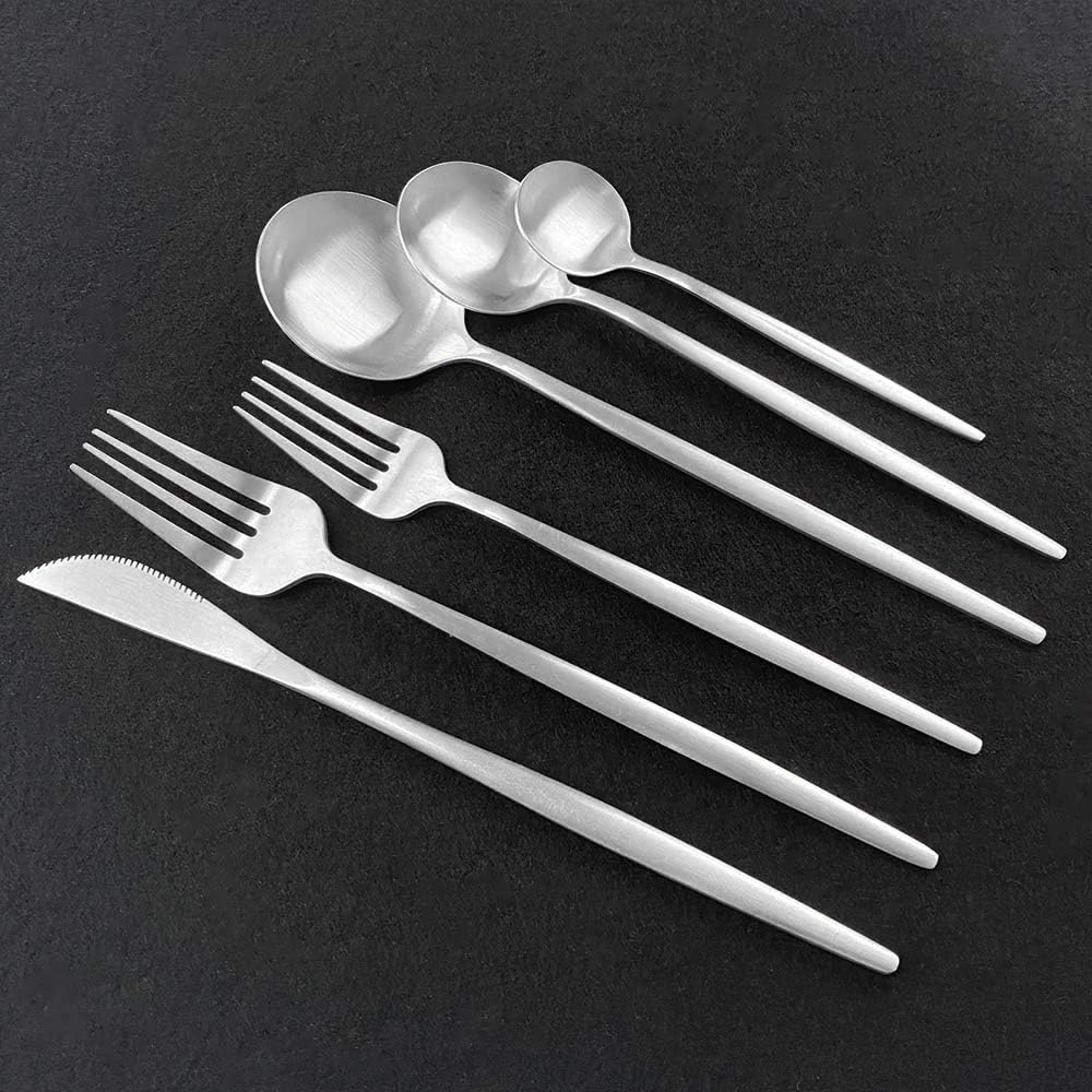 36 pieces Pink Handle Silver Spoon Matte Flatware Set 304 Stainless Steel Dinnerware Knife Dessert Fork Spoon Dinner Silverware Kitchen Party Tableware Set -Service for 6 (Pink Silver)