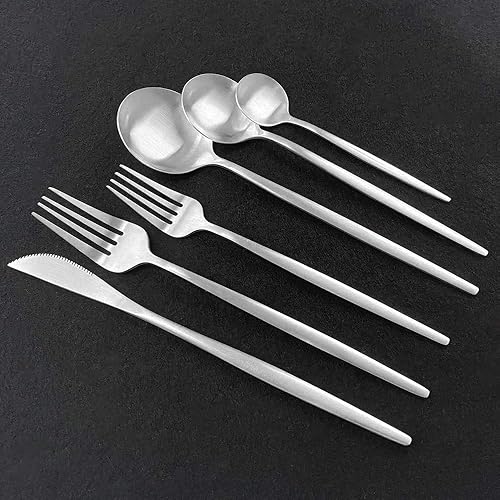 Miniatura 8 de Uniturcky Juego de cubiertos de 36 piezas de acero inoxidable 304 con acabado de manchas de color negro puro, cuchillo de vajilla de postre,