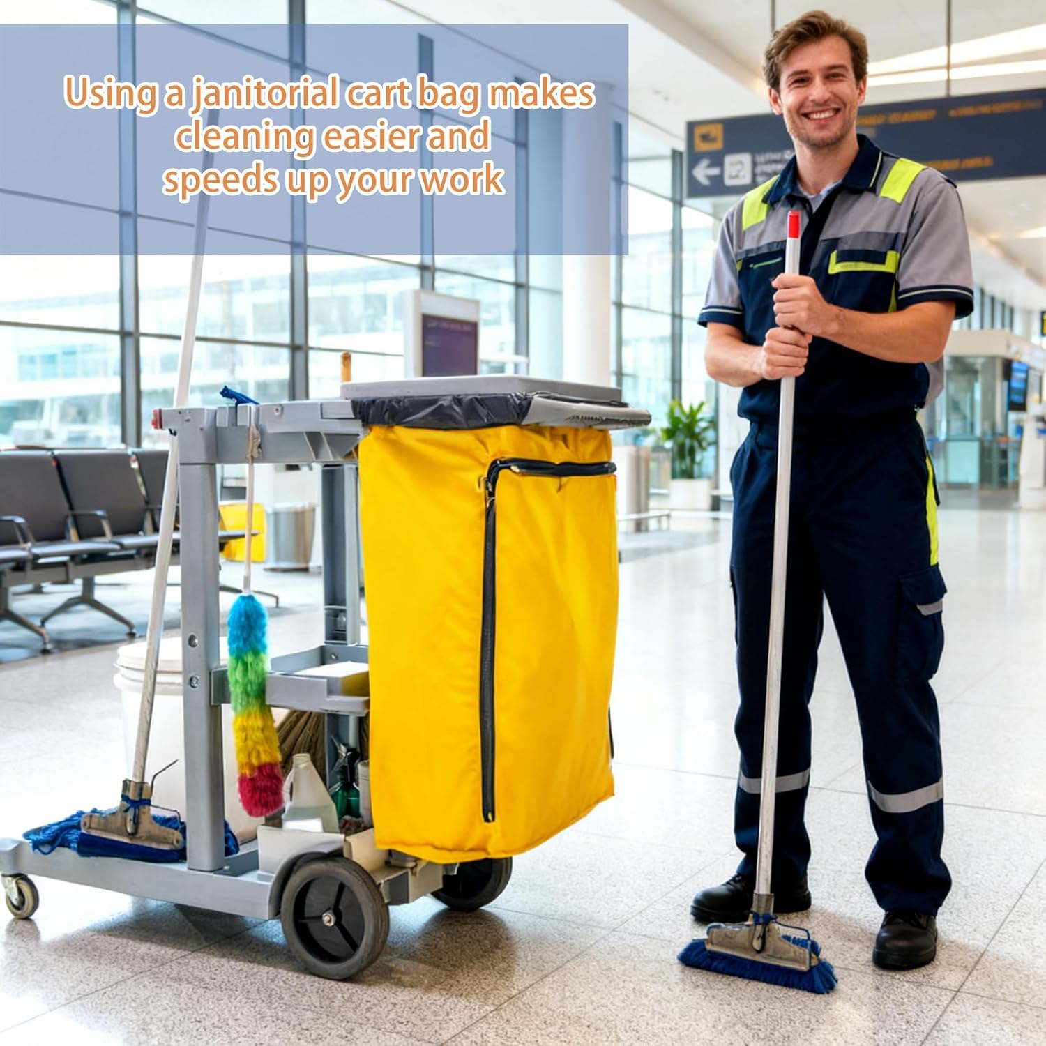 3 Pcs Replacement Janitorial Cleaning Cart Bag with Front Zippered 26.5 x 15.5 x 10.5 Inch 24 Gallon Large Yellow Capacity Cleaning Bags for Commercial Housekeeping Carts