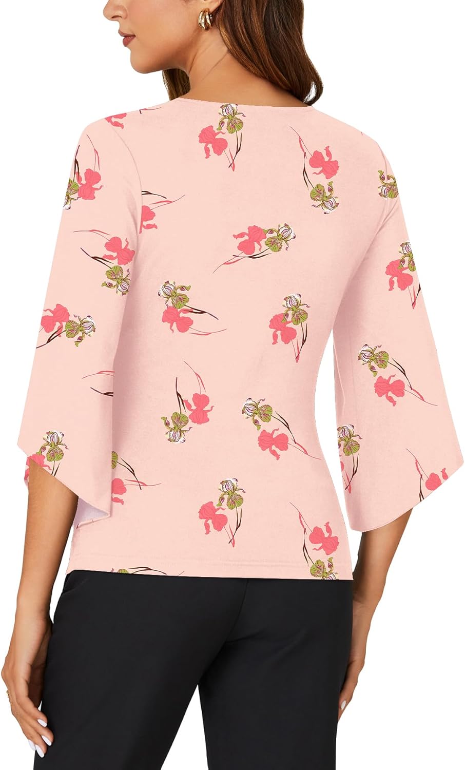 KIFOVEN Women’s 3/4 Bell Sleeve Tee Shirt Deep V Neck Wrap Ruched Slim Fit T Shirt Blouse Top Pink Flower XX-Large - Image 5