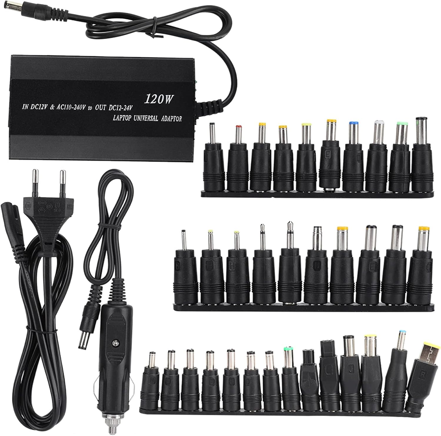 Collage of images showing the ASHATA Universal Laptop Charger being used in different settings: a home office, a car, and a travel scenario.