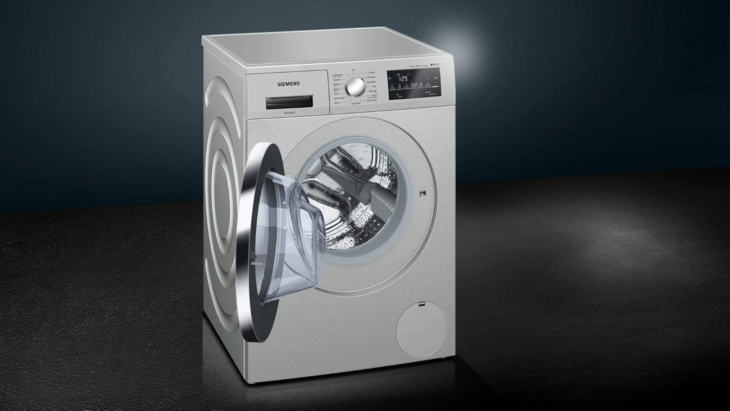 Siemens washing machine with the door open, showing the interior drum.