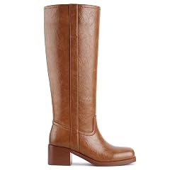 Womens Brown Knee High Boots Square Toe Chunky Block Heel Comfortable Low Heel Pull on Wide Calf Riding