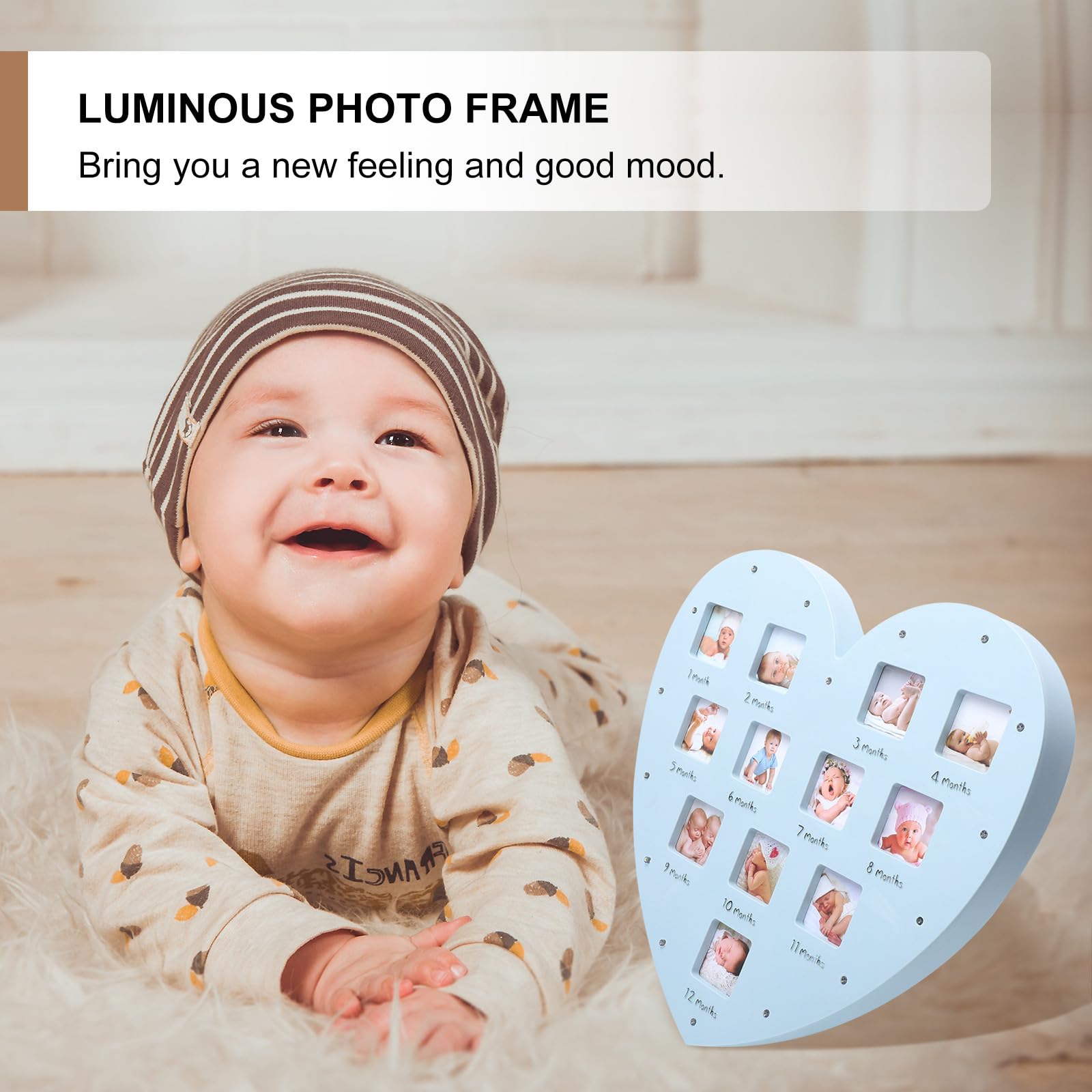 Cadre Photo de Croissance Bébé 12 Mois avec Lumière de Cœur Bleu 33,5 X 32 Cm Cadre Mural Souvenirs pour Nourrisson sans Piles Inclus
