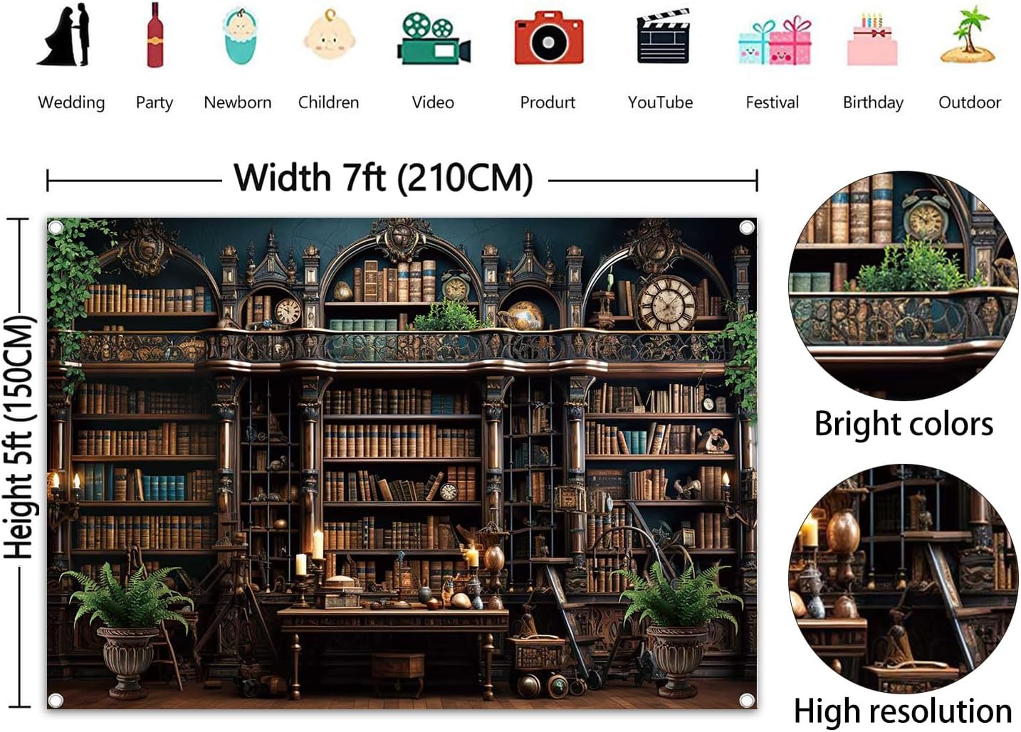 Vintage Bookshelf Backdrop Retro Library Medieval Bookshelf Photography Backdrops Classical Study Room Medieval Library Wall Decoration Banner Supplies (82x59inch(7x5FT))