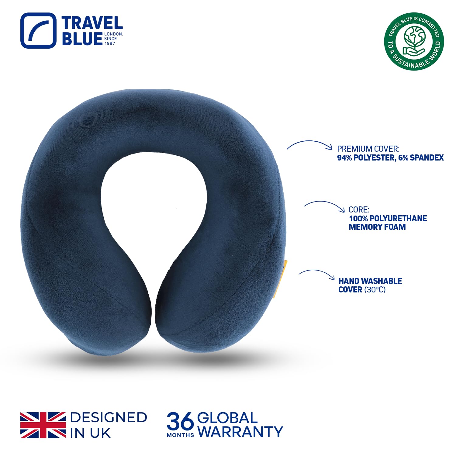 Travel Blue Almohada Cojín de Viaje de Espuma Viscoelástica Tranquility - Almohada Cervicales y Cuello de Viaje, Ajuste Más Ancho, Espuma de Memoria de Alta Densidad, Soporte Ergonómico (Blue)