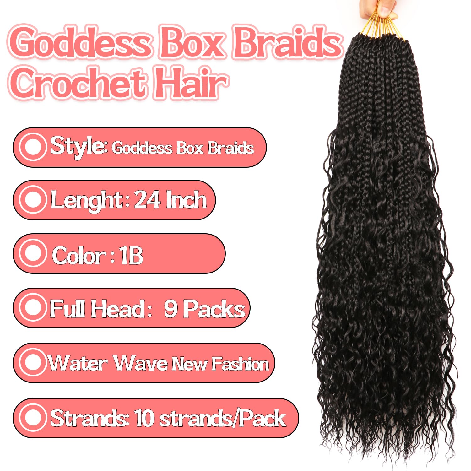 Su Mei.s Tresses de boîte de déesse, cheveux au crochet de 61 cm, 9 paquets, tresses au crochet bohème avec vagues d'eau pour femmes noires (1B#, 61 cm (lot de 9)