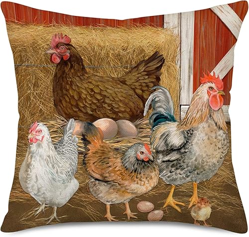 Funda de almohada de animales de granja, estilo vintage, rústico, granja, acuarela, gallo brillante, gallina, huevos, fundas de almohada de algodón disponible en Yaxa Costa Rica