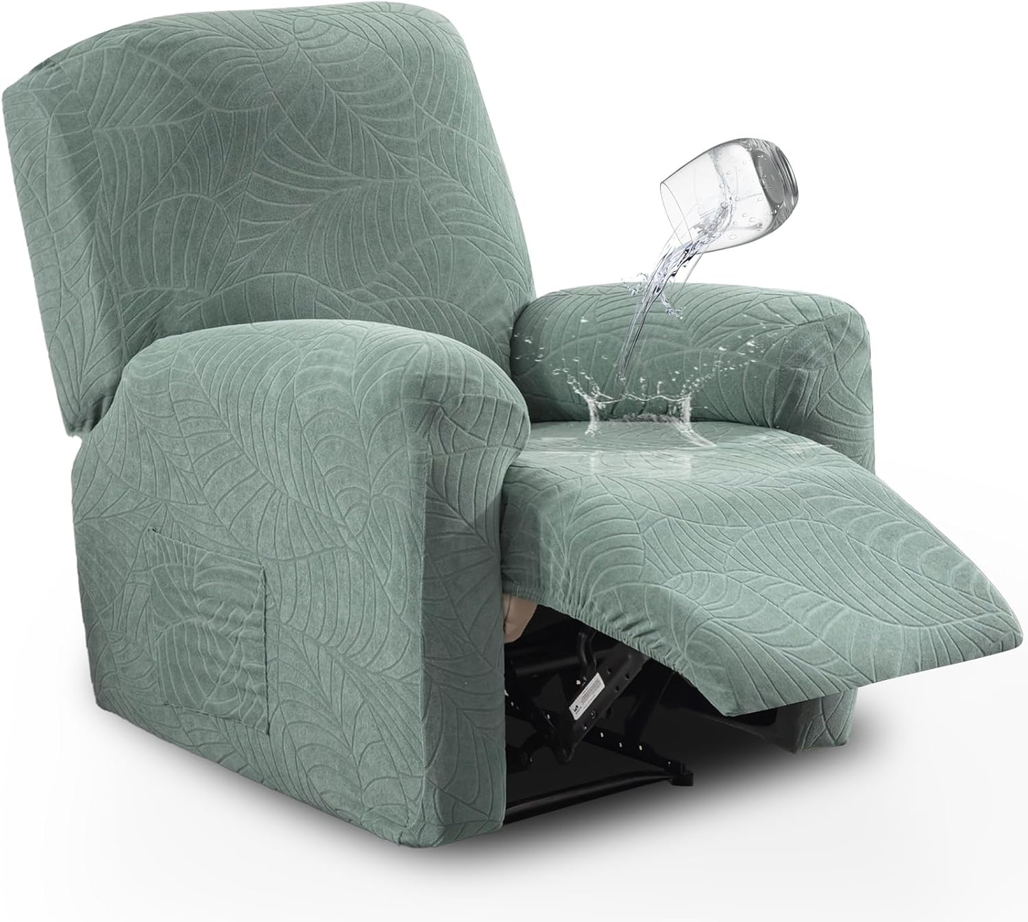vctops Water Repellent 4 Pieces Recliner Chair Cover with Side Pocket Leaf Jacquard Stretch Soft Recliner Slipcover Furniture Protector with Elastic Bottom(Grey Green,1 Seat)