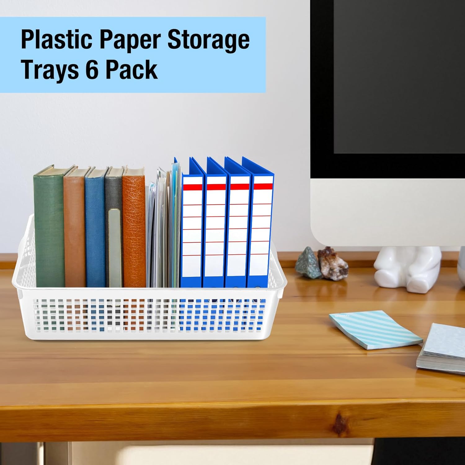 A4 Size Plastic Storage Basket Tray,6 Pack Plastic Paper Storage Trays,Desktop File Paper Letter Organizer Basket for Classroom, Office, Home (White)