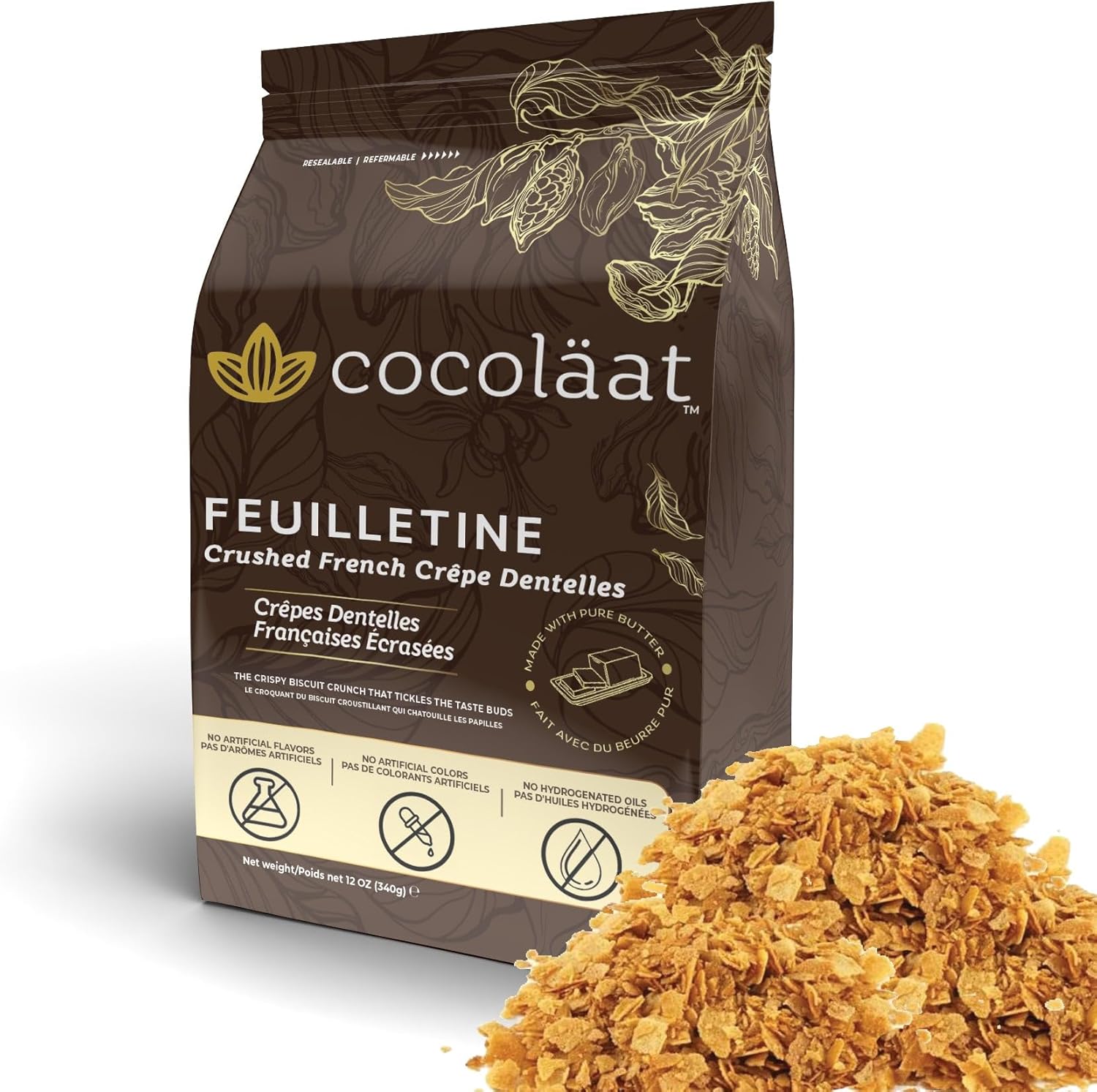 Cocoläat Feuilletine Crushed French Crêpe Dentelles | Crumbled Biscuit Crunch | Made With Real Butter | Imported from France | Resealable Stand Up Pouch | 12 oz/340 g