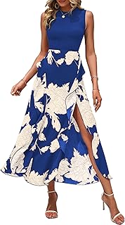 Women Casual Sleeveless Summer Dresses 2025 Spring Crewneck Patchwork Boho Floral Ruffle Cocktail Party Midi Dress - Buy now