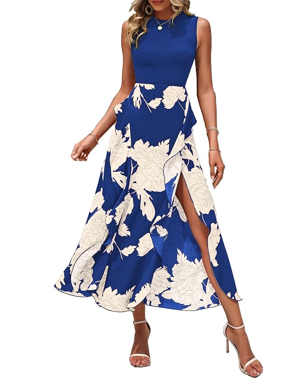 BTFBM Summer Dresses for Women 2026 Casual Spring Floral Sleeveless Ruffle Boho Cocktail Wedding Guest Party Midi Dress(White Floral Bright Blue, Large) by BTFBM - Used condition - US$35.99