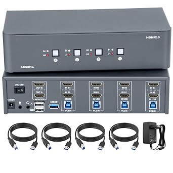 KVM Switch 2 Monitors 4 Computers,HDMI 4k@60Hz KVM Switch with 4 USB 3.0 Port and 3.5mm Audio,4 Computers Share One Set of Leyboard, Mouse and Monitors,Supports Windows/Mac/Linux, Plug-and-Play