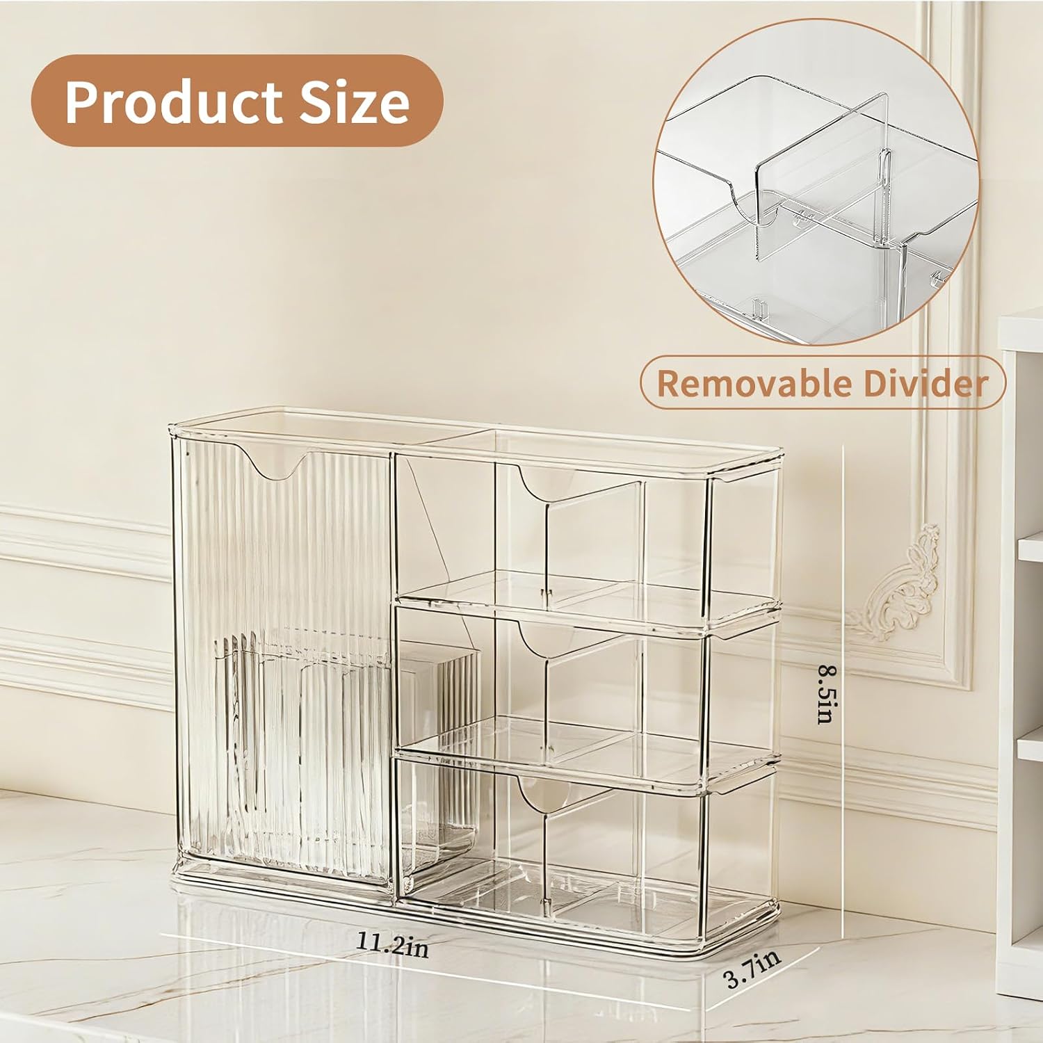 Makeup Organizer with Covered Brush Holder for Bathroom Vanity Countertop, Clear Skincare Storage with Drawers and Removable Dividers, Cosmetic Display Case for Lipsticks, Nail Polishes, Perfumes