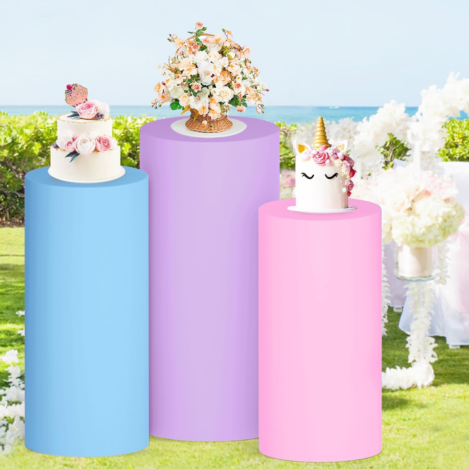 Spandex Cylinder Pedestal Covers Set of 3 Cylinders Cover Multicolor Cylinder Stand for Party Cover Pillar Pedestal Stand Covers for Baby Shower Wedding Birthday Party Event Decorations image 3