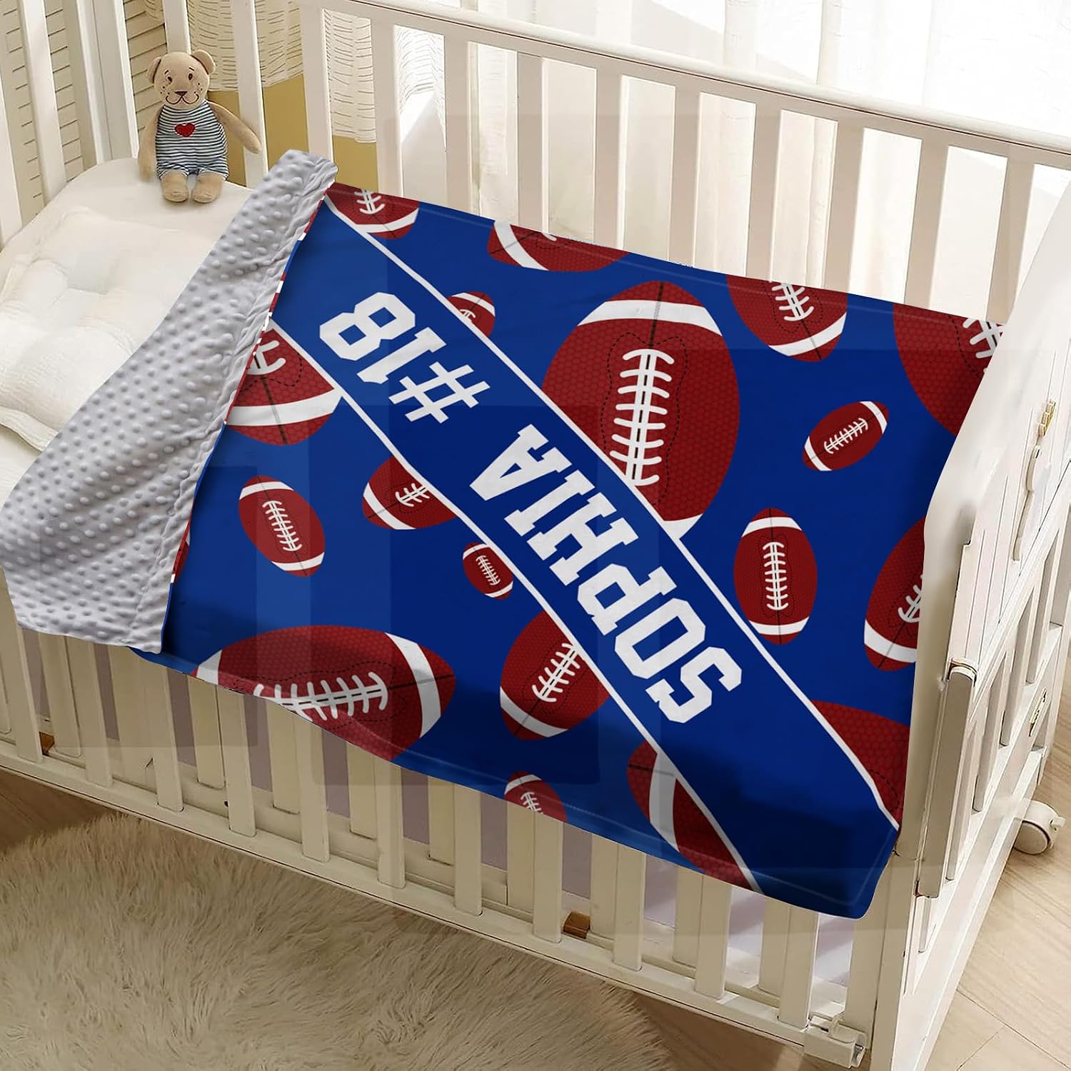 KAINSY Custom Baby Blanket, Personalized Baby Swaddle Blanket with Name, Blue Football Soft Receiving Blankets for Baby Boys, Double Layer Dotted Nursery Blanket, Gift for Infant Toddler Kid(60"x80")