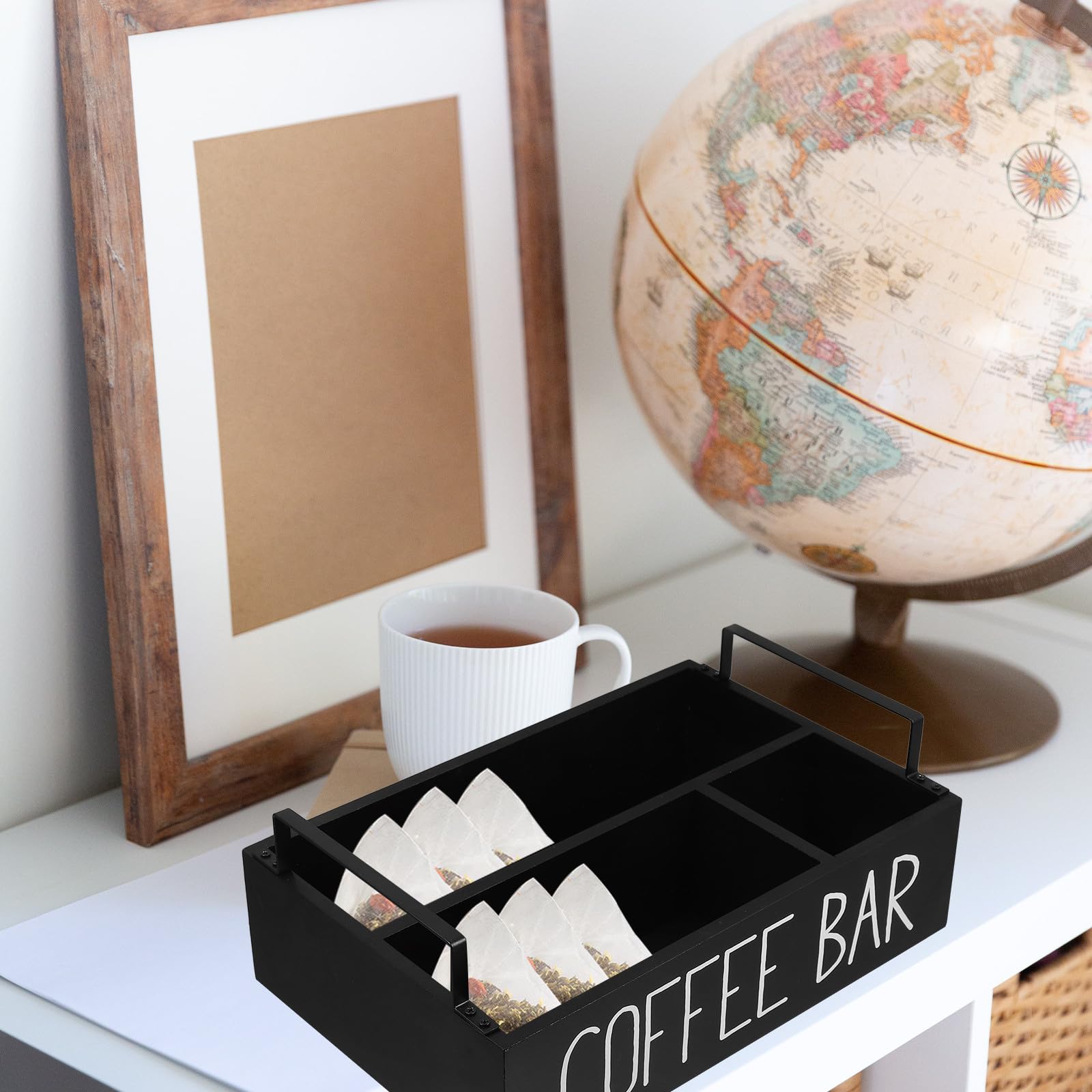 Scatola Porta Bustine di Tè e Caffè in Legno Nero Grande Capacità e Scomparti Multipli per Organizzare la Cucina e Mantenere Piano di Lavoro Pulito Riutilizzabile