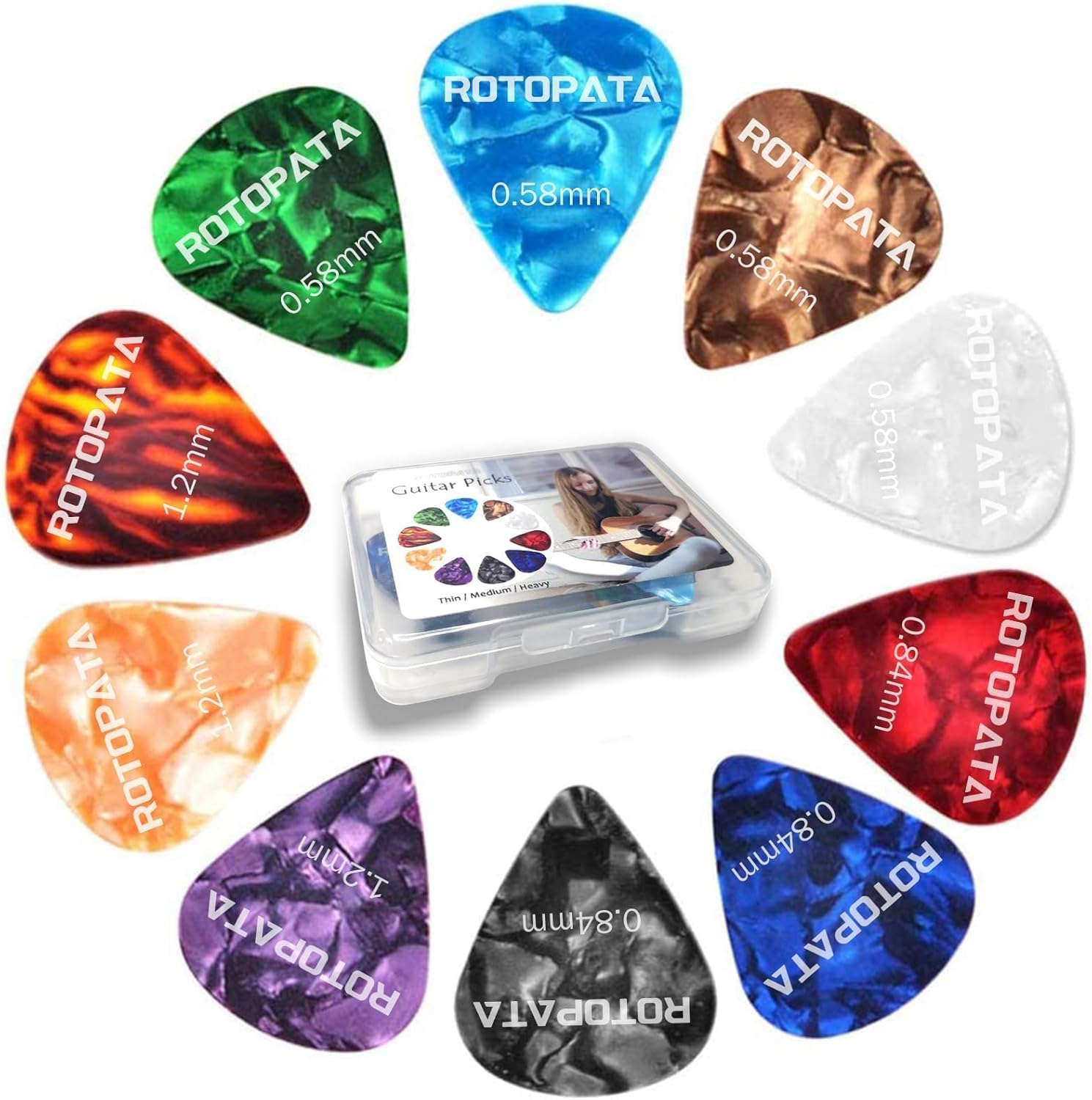 12 Pack Guitar Picks Plectrums with Organizer Storage Box, 0.58 0.84 1.2 mm Includes Thin Medium Heavy Thickness, Variety Colorful Celluloid Plectrums for Bass Electric Acoustic Guitars Ukulele (12 Pack) Thumbnail