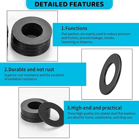 1368 Pcs Assorted Washers - Black Stainless Steel Flat Metal Lock Washers M2-M12, Spacers for Screws, Plumbing, Home Decoration, Repair