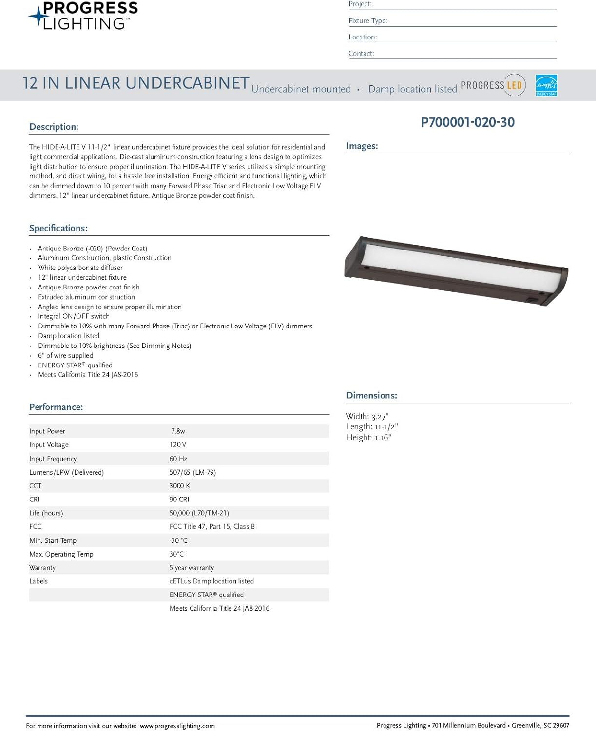Progress Lighting P700000-020-30 LED Undercabinet, Antique Bronze