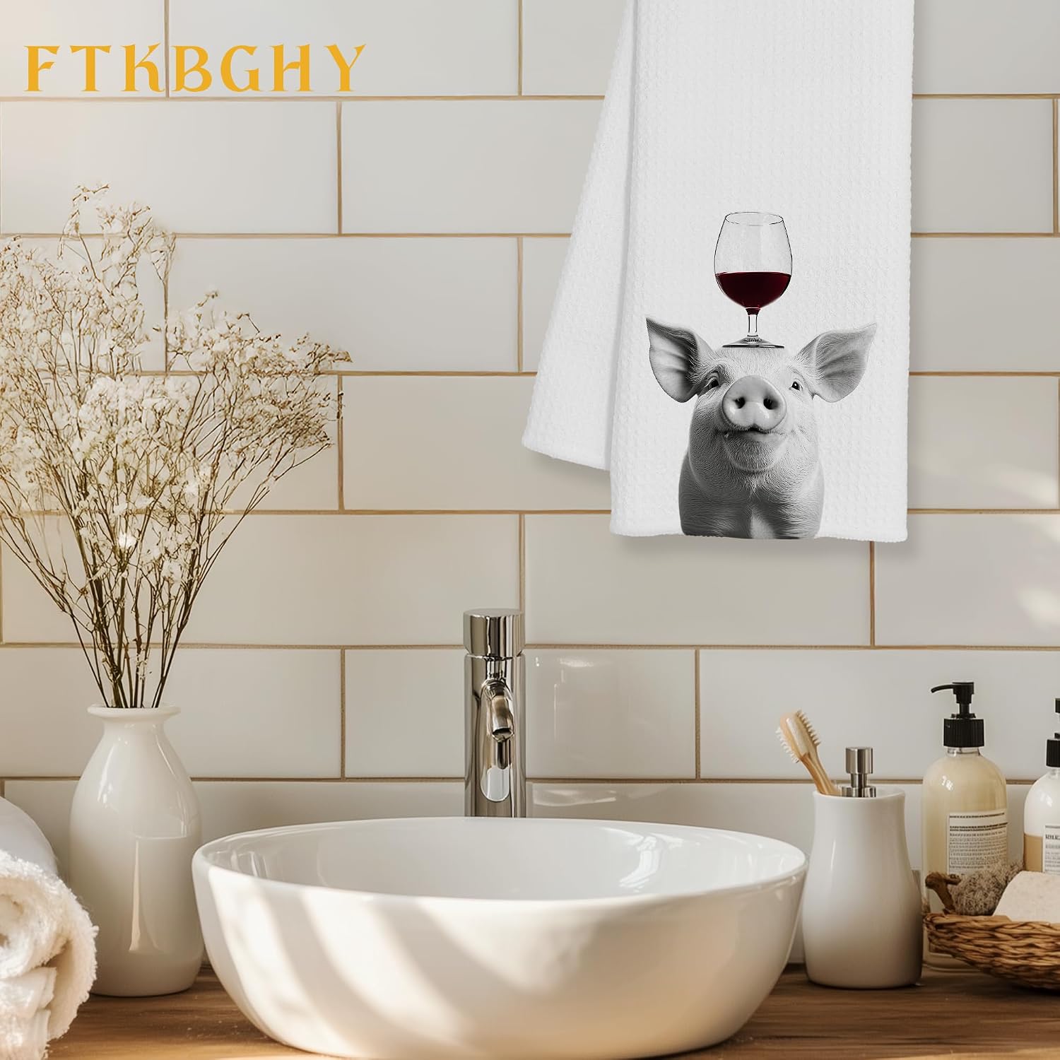 Funny Wine Pig Decor Kitchen Towels Gifts, Pig Gift Decor Dish Hand Tea Kitchen Bathroom Towels, Wine Pigs Lover Gift, Pigs Gifts for Women, 16x24 Inch image 2