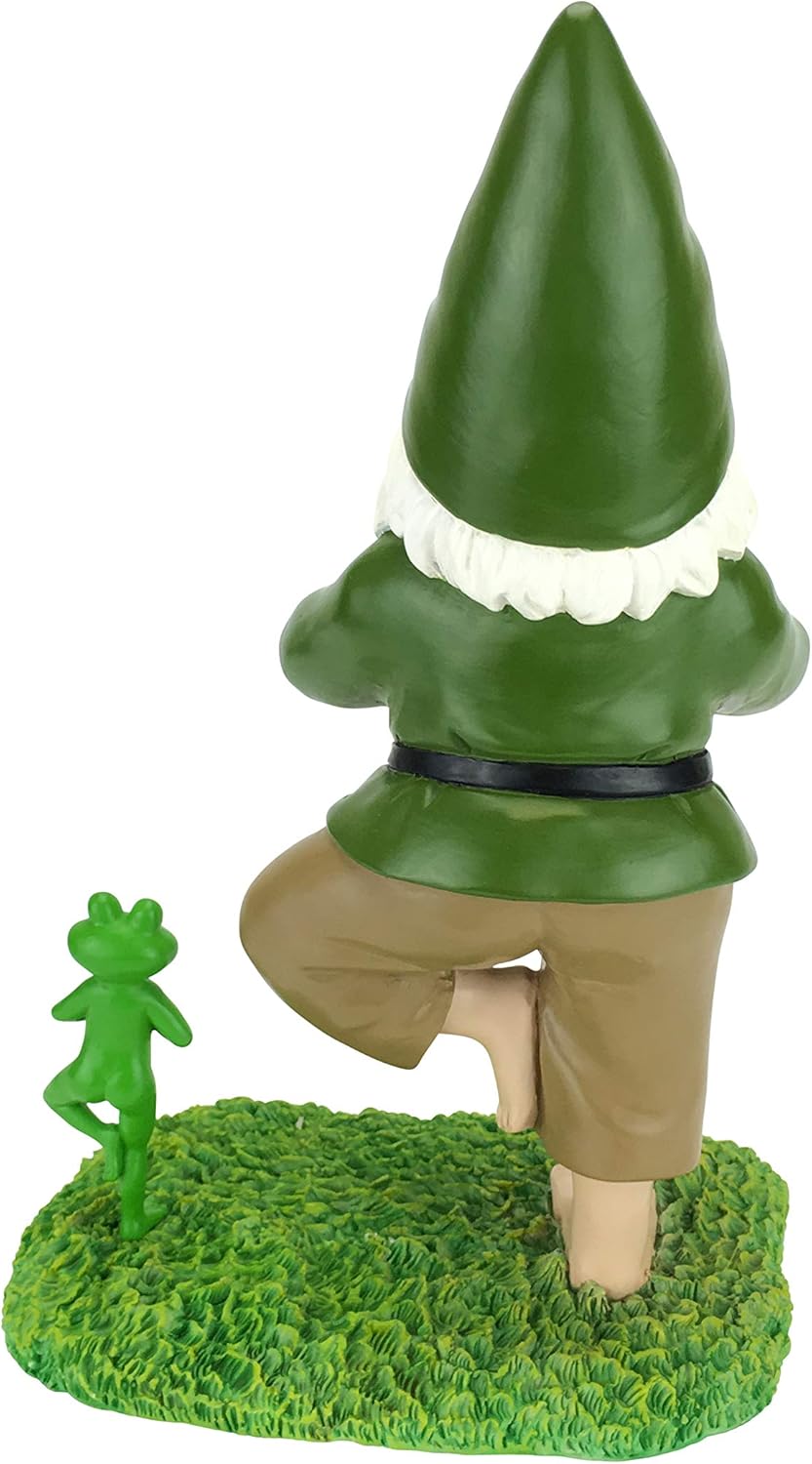 GlitZGlam Zen Gnome and Zen Frog - Tree Pose– Tranquility and Peacefulness for Your Fairy Garden and Garden Gnomes A Large 11” Inches Tall Miniature Gnome Figurine