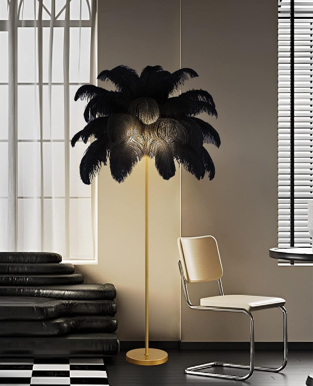Upgrade Ostrich Feather Floor Lamp,Modern Standing Lamp 3 Color Dimmable with Foot Switch,Fringe lamp Gold Feather Floor Lamp All Copper lamp Body,Floor Lamp for Dining Room (Black)