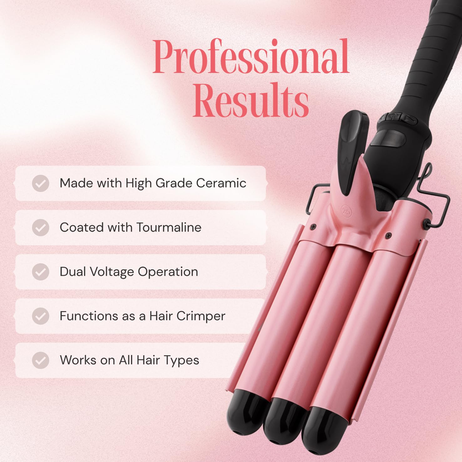 Alure Three Barrel Curling Iron Wand Hair Waver with LCD Temperature Display - 1 Inch Ceramic Tourmaline Triple Barrels, Dual Voltage Crimp (Rose Gold) - Image 3