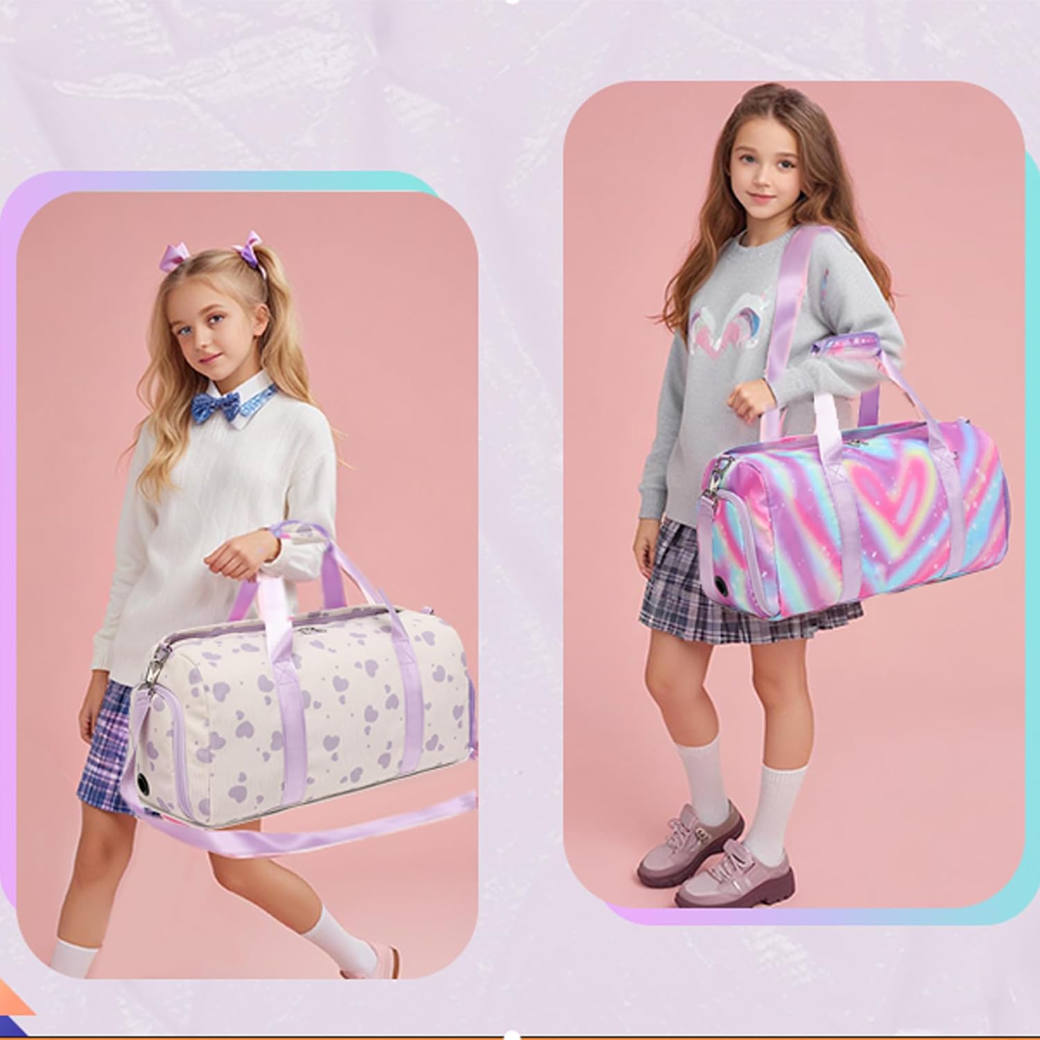 Corduroy Dance Bag Girls Duffle Bags Gymnastics Overnight Sleepover Gym Bag with Shoe Compartment and Wet Pocket,Heart Shape - Image 2