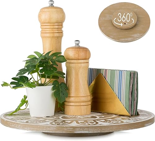 Hanobe Lazy Susan - Tocadiscos para mesa bandeja giratoria bohemia decorativa de madera para comedor, cocina, encimera, gabinete, 12 pulgadas,