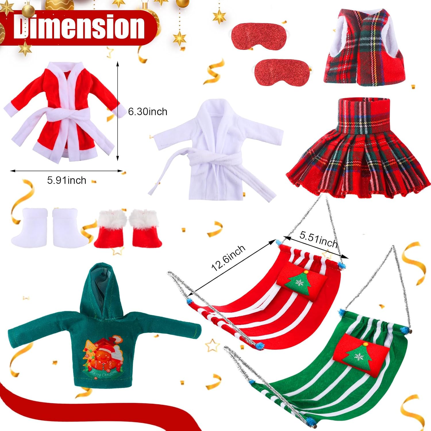 Ceenna 32 Pcs Christmas Doll on Clothes Accessories Couple Doll Outfit Including Skirts, Bathrobe, Christmas Sleeping Bag, Apron, Hammock for Female Male Wedding Musical Decor Gift(Wine Party)