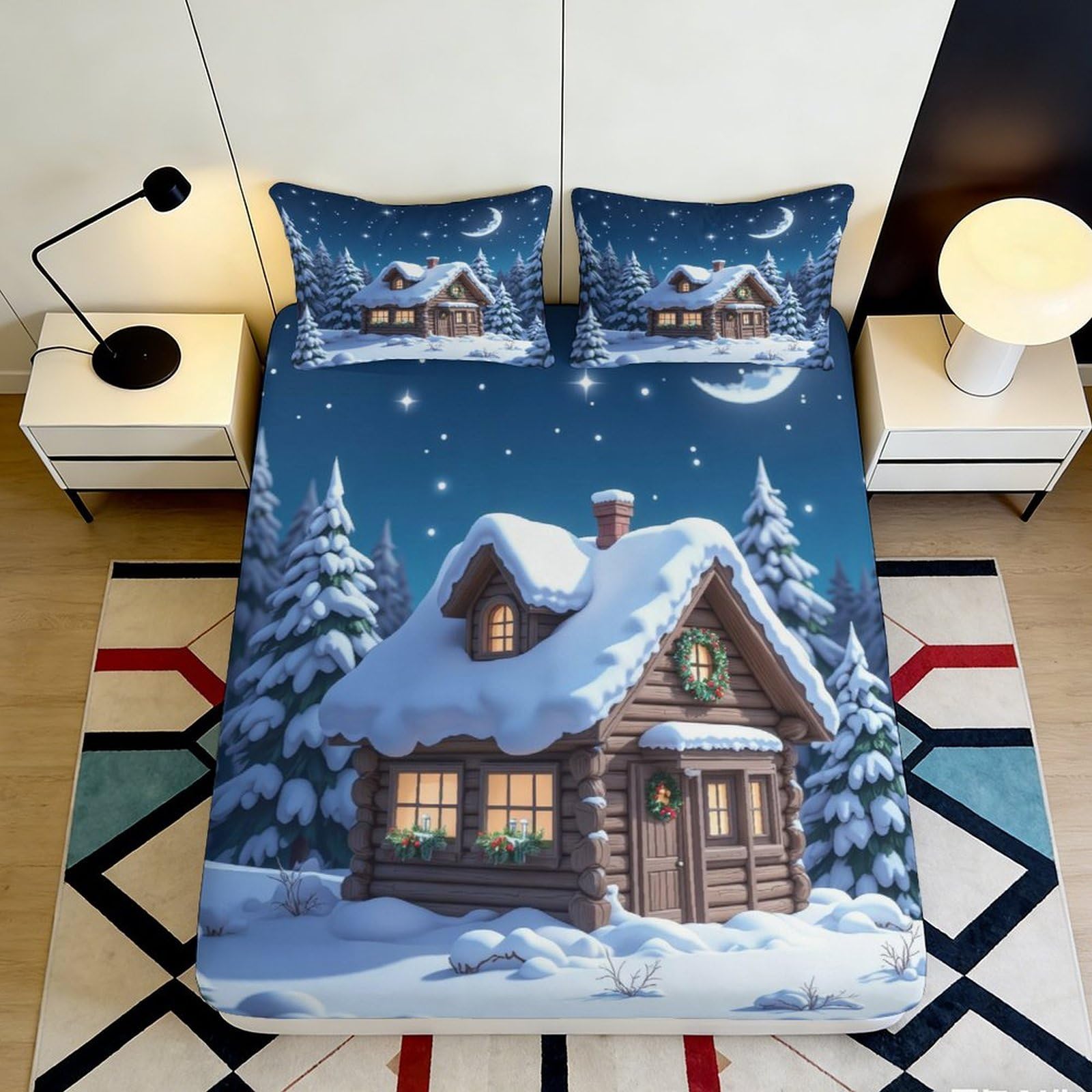3D Printed Snowy Cabin Fitted Sheet Microfiber Winter Night Forest Mattress Cover Anti-Slip Machine Washable for Bedroom Guest Room Decor 90x200x25cm