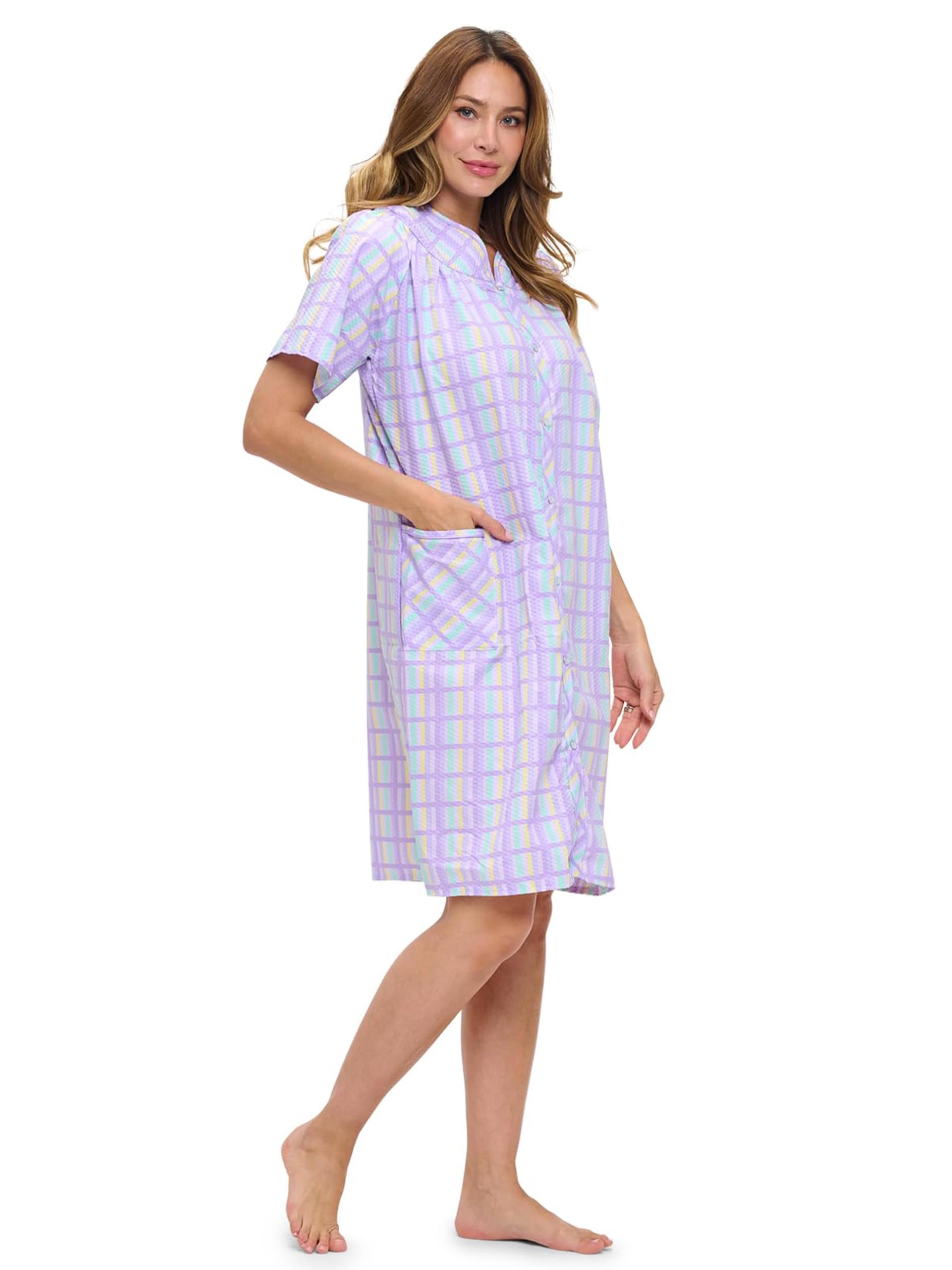 Casual Nights Women's Snap - Front House Dress Short Sleeve Woven Housecoat Duster Lounger Robe with Pockets