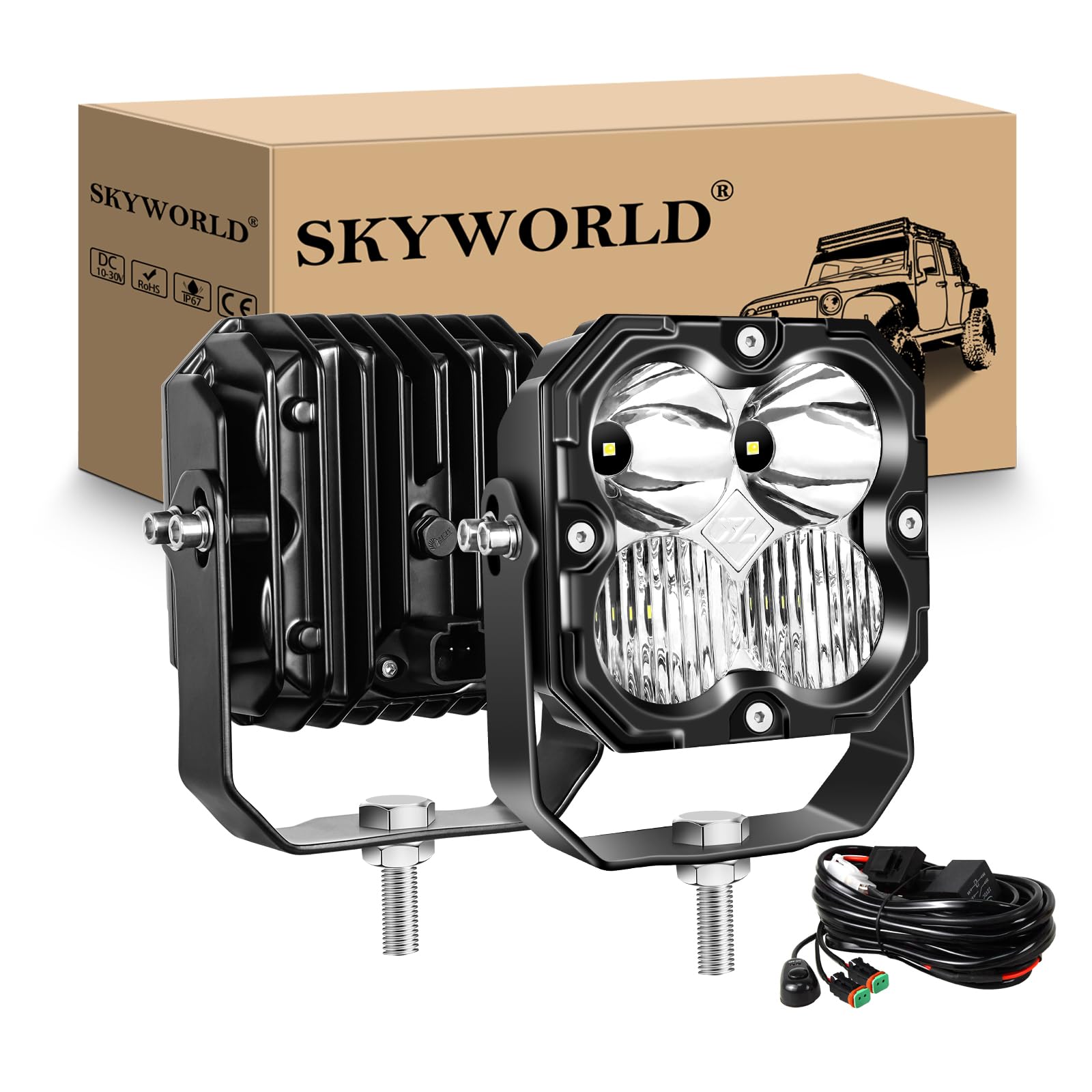 SKYWORLD 2 szt. Reflektor roboczy LED z zestawem wiązki światła 12 V DT, 4,3 cala 30 W 2500 LM światła robocze led drążek do pojazdów offroad samochodów ciężarowych ATV UTE 4x4 ciągnik, 6000K światła