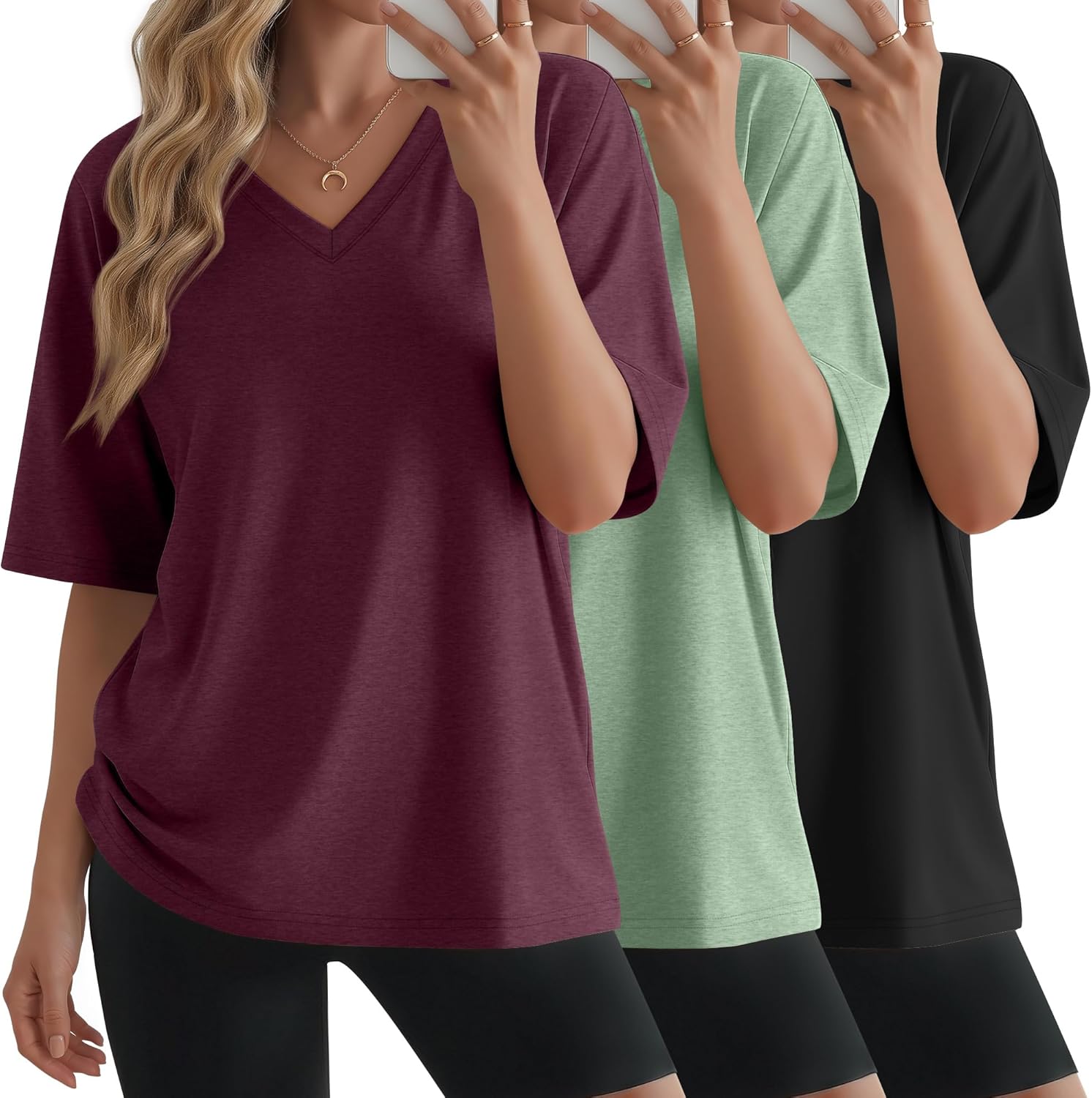 3 Pack Womens Oversized Half Sleeve T Shirts V Neck Tops Loose Fit Basic Tees Summer Casual Clothes