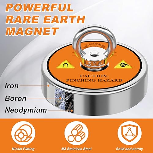 Miniatura 5 de Kit de pesca con imán, imanes de pesca de 600 libras con cuerda de nailon de 65 pies, imán de neodimio de una sola cara para recuperar en el río