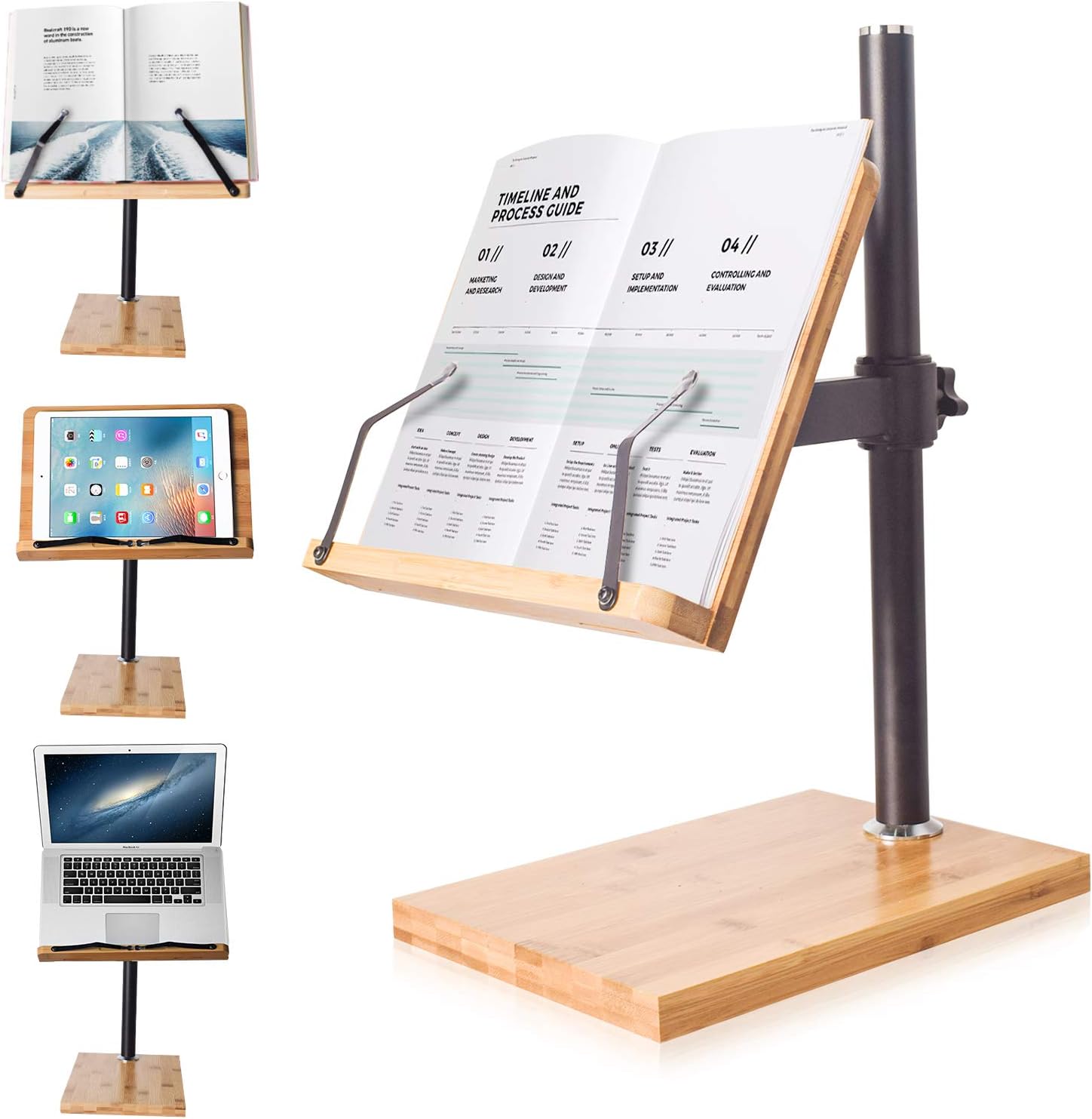 Book Stand Height Adjustable - wishacc Upright Bamboo Book Stand & Holder for Reading Hands Free, Desktop Adjustable Reading Height and Angle Book Rest with Page Clips (11.0 x 8.1 inches) : Everything Else