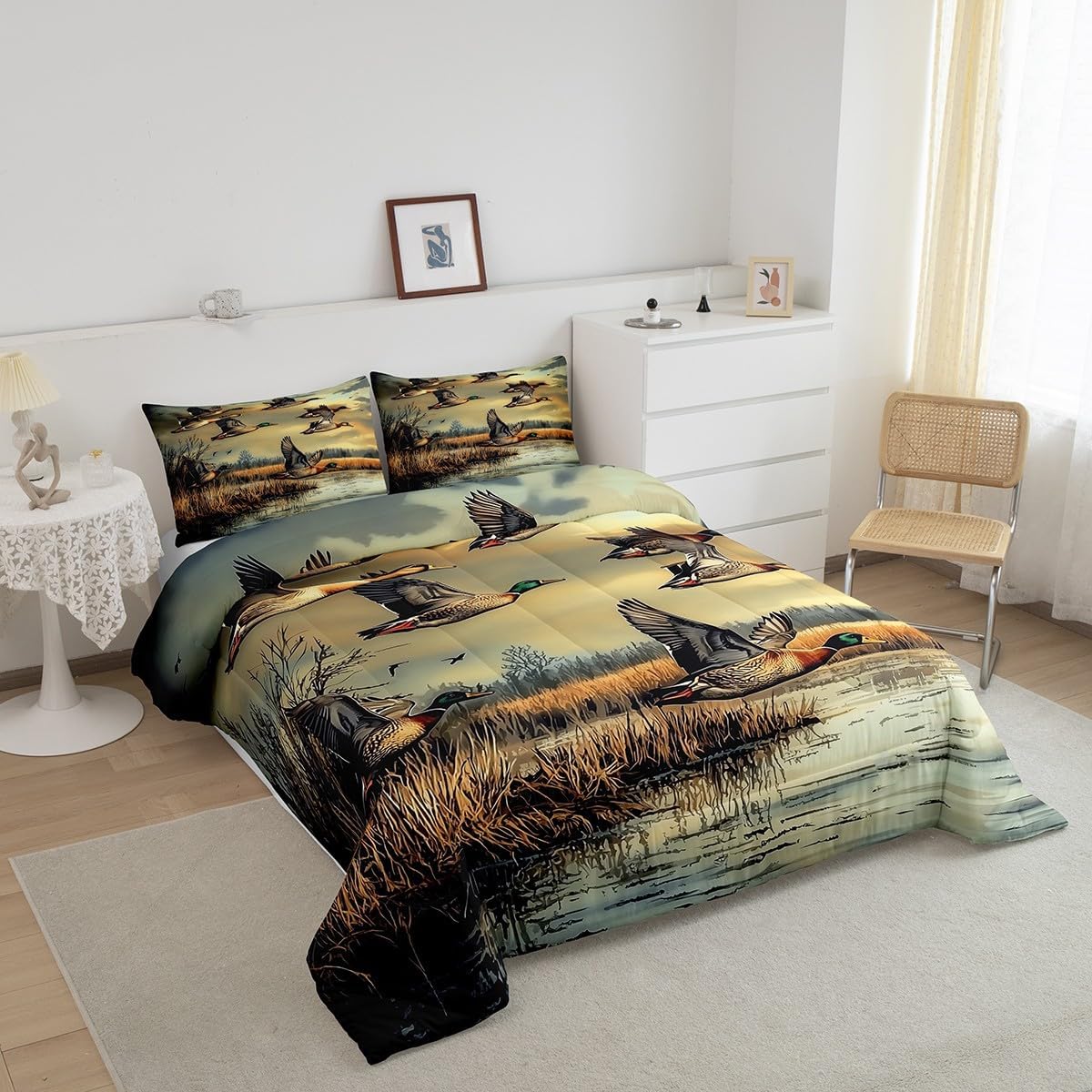 Feelyou Boys Girls Mallard Duck Comforter Set Queen Size, Duck Hunting Bedding Set Kids Wild Animal Comforter Cabin Farmhouse Teens Duvet Set Bedroom Decor Microfiber Bed Set