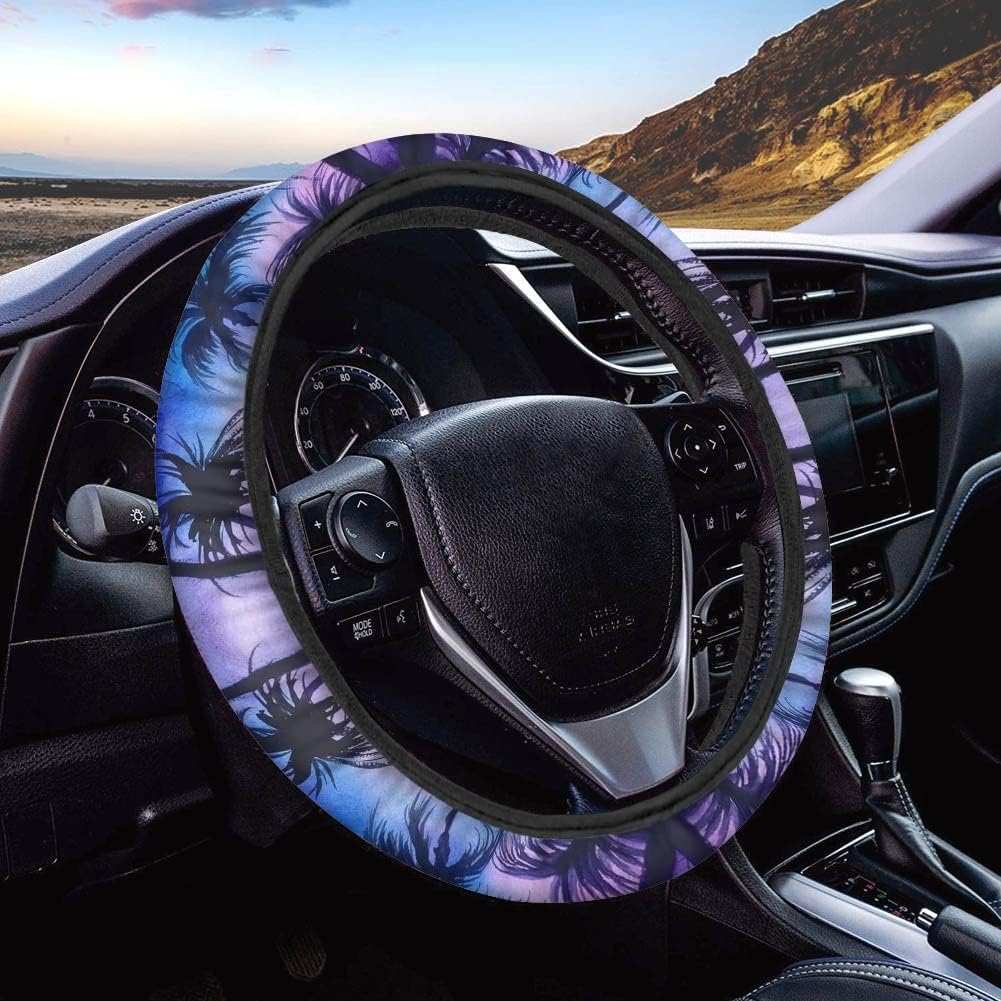 TOADDMOS 3Pcs Hawaiian Purple Blue Sunset Beach Palm Tree Print Soft Steering Wheel Covers Handbrake Cover Gear Shift Cover Non-Slip Universal Car Auto Interior Decoration