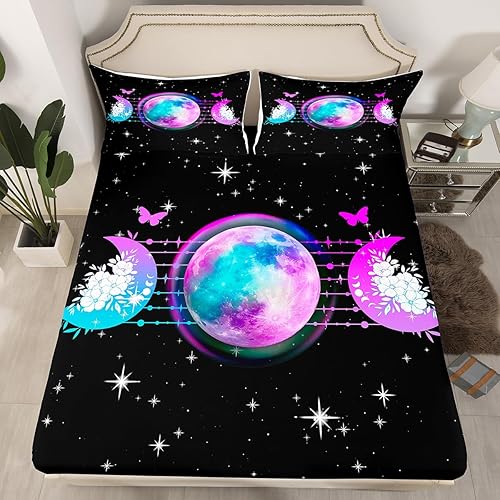 Miniatura 3 de Erosebridal Juego de sábanas y fundas de almohada de luna y estrellas, juego de ropa de cama bohemio con diseño de rosas azules para niñas, juego de