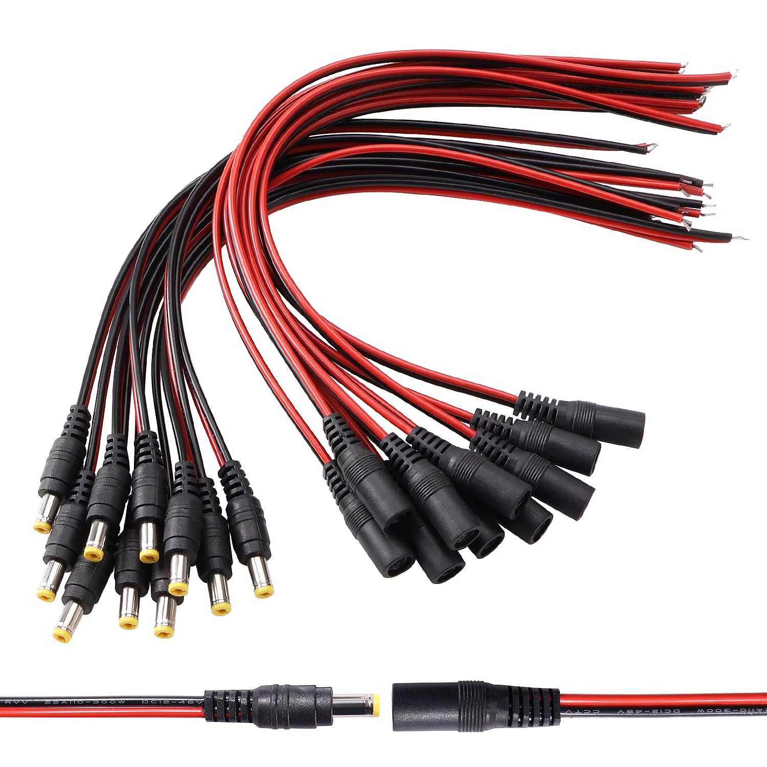 Lyeteung 10 Pairs 5.5x2.1 mm DC Pigtail Male Female Cables, 12V DC Cable Connector with 22 AWG Cable, for CCTV Camera LED Strip